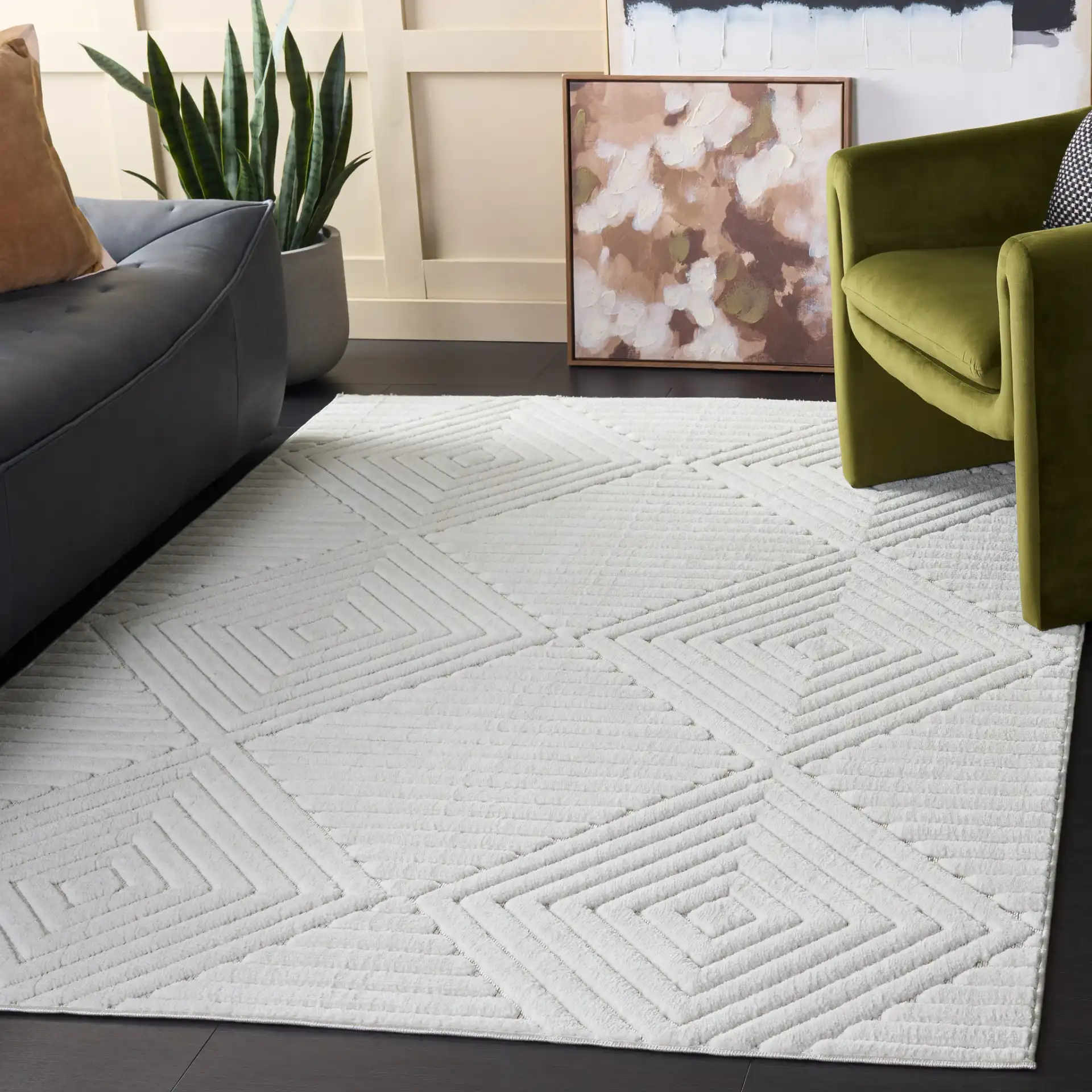 Selena Diamond Ribbed Rug in Ivory in a styled room