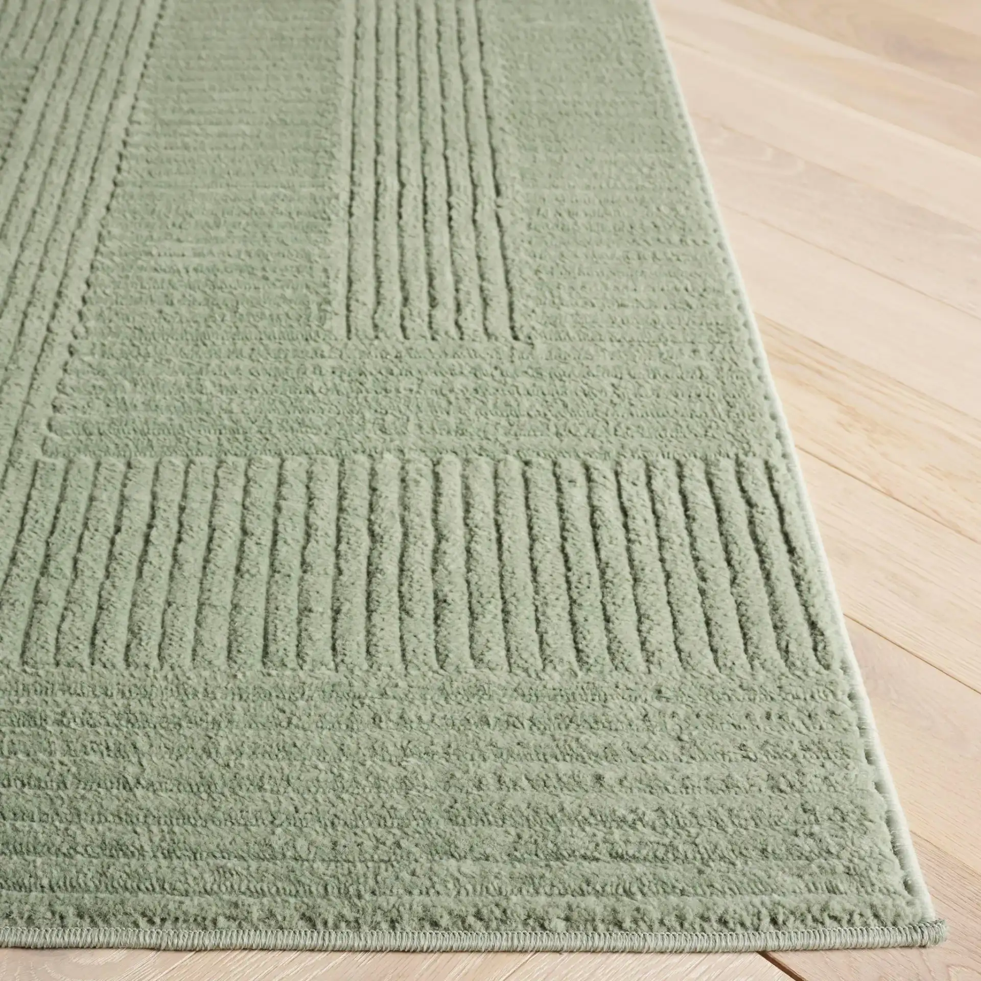 Selena Carved Geometric Rug in Green in a styled room