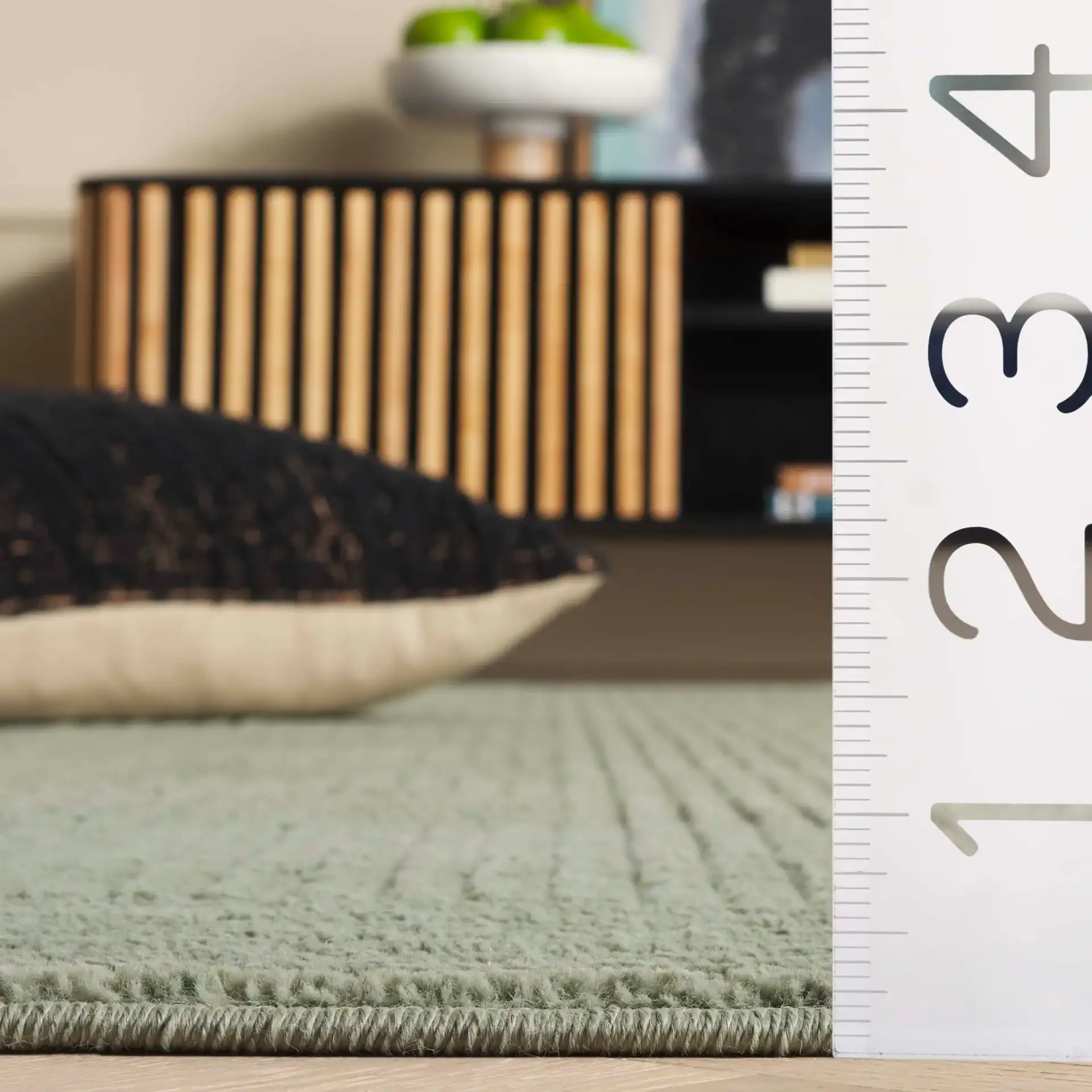Selena Carved Geometric Rug in Green in a styled room