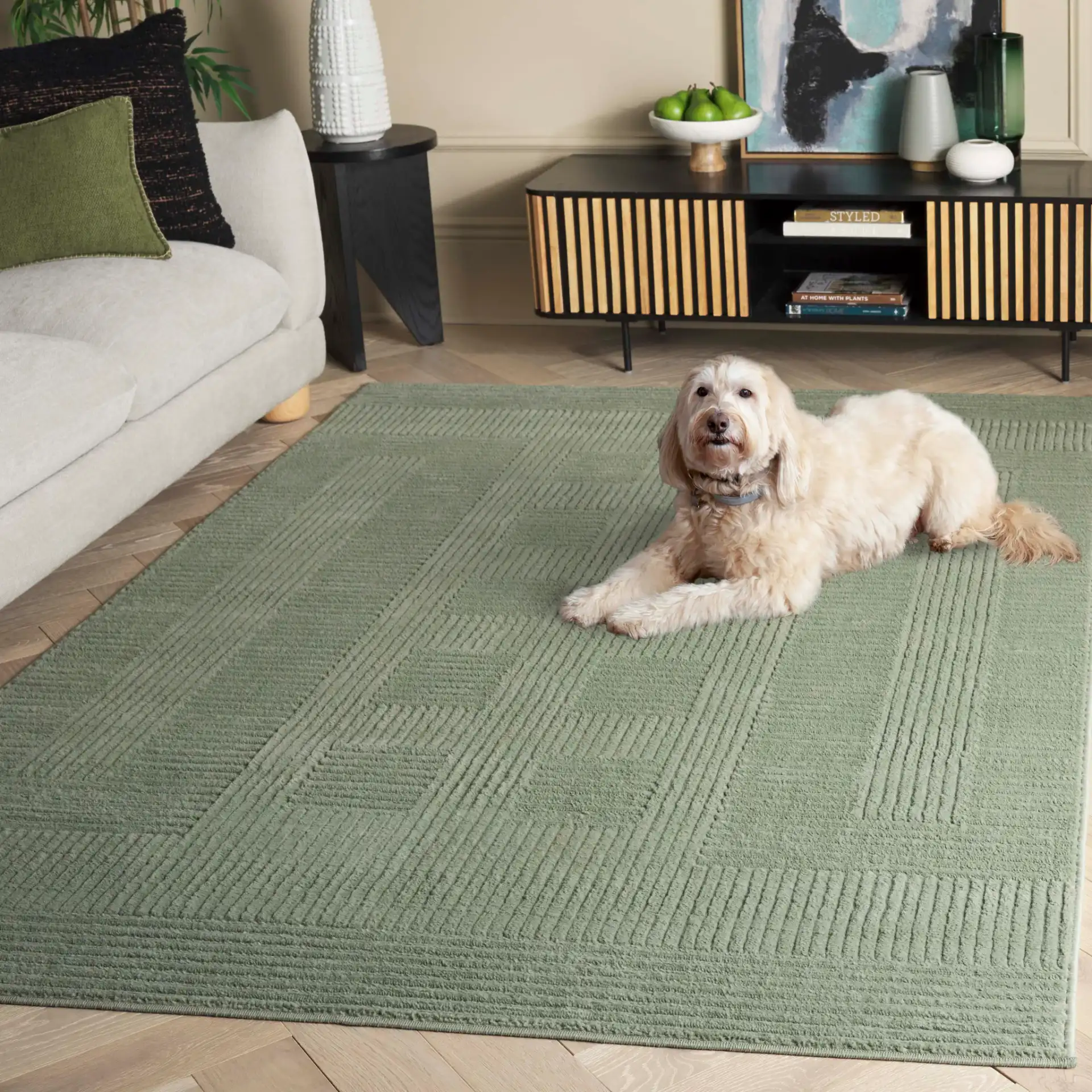 Selena Carved Geometric Rug in Green in a styled room
