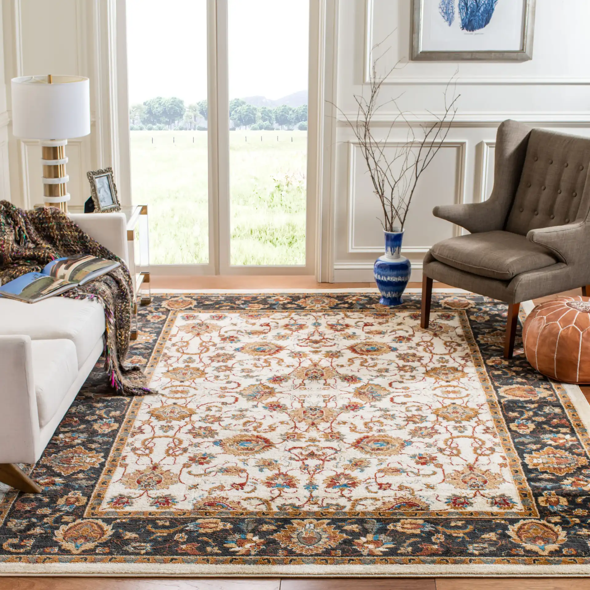 Summit Arabesque Bordered Shag Rug in Ivory / Dark Gray in a styled room