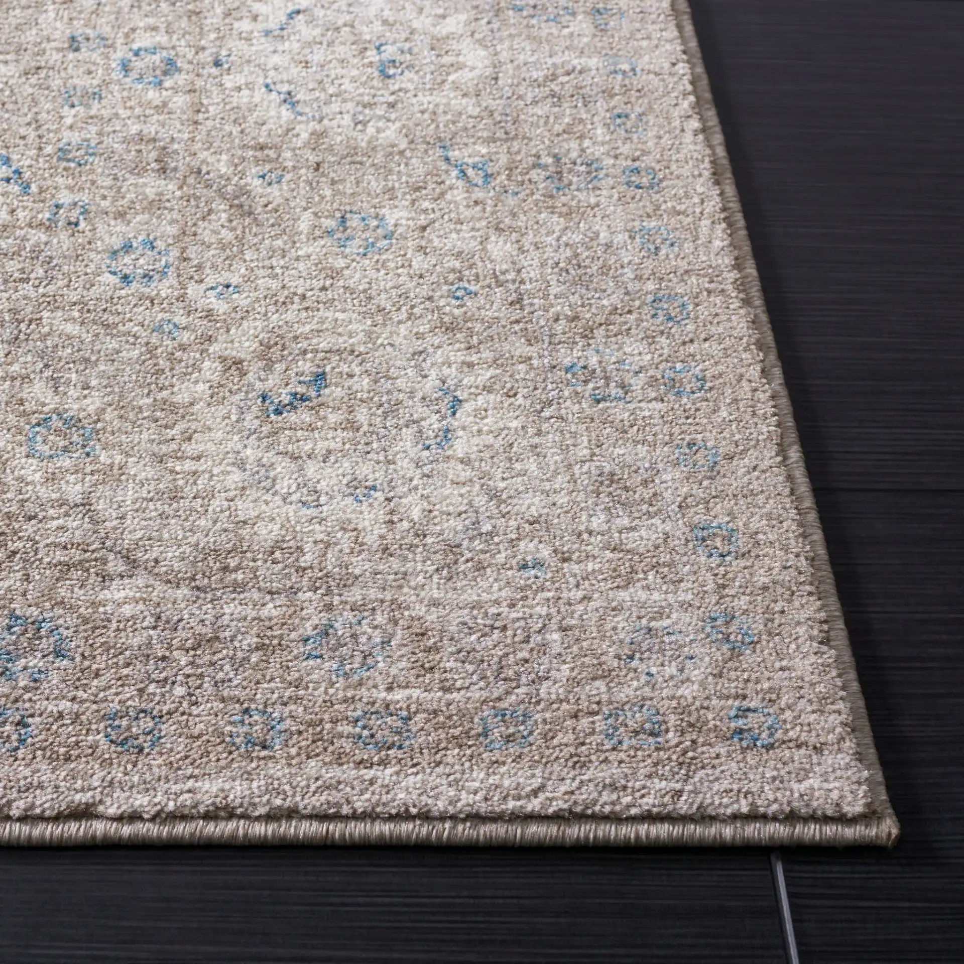 Sofia Allover Floral Bordered Rug in Tan / Blue in a styled room
