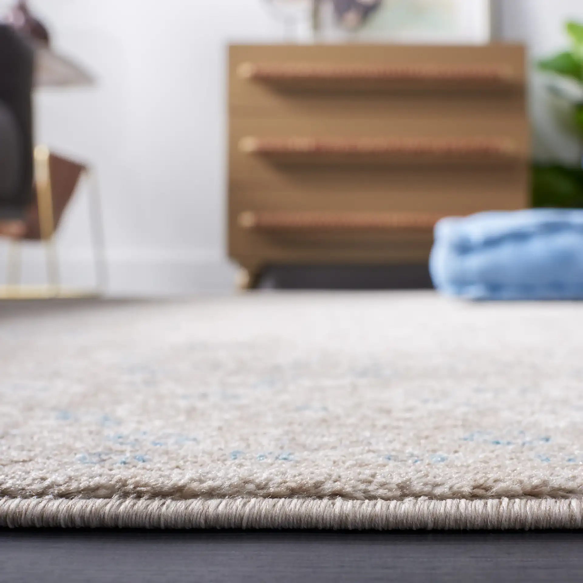Sofia Allover Floral Bordered Rug in Tan / Blue in a styled room
