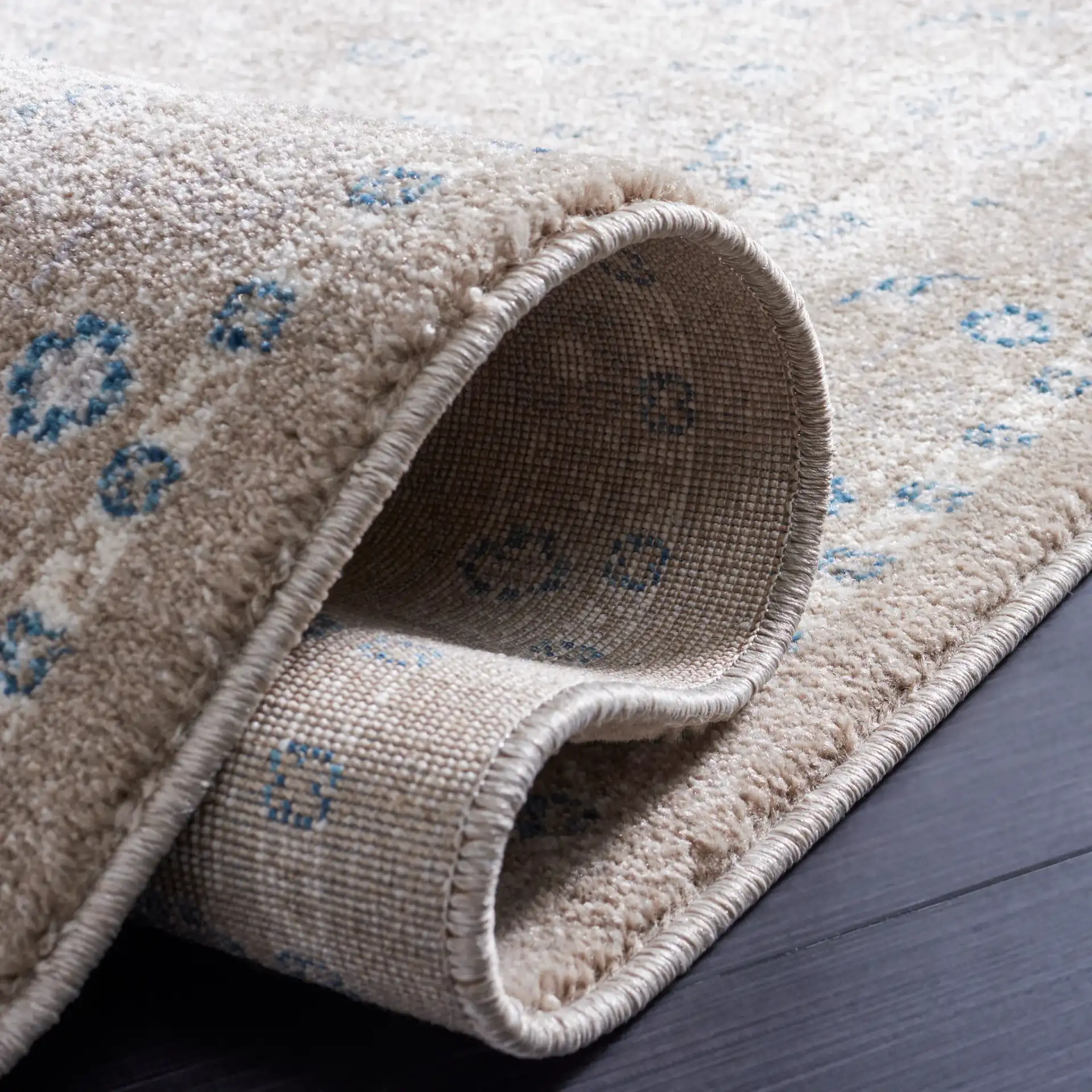 Sofia Allover Floral Bordered Rug in Tan / Blue in a styled room