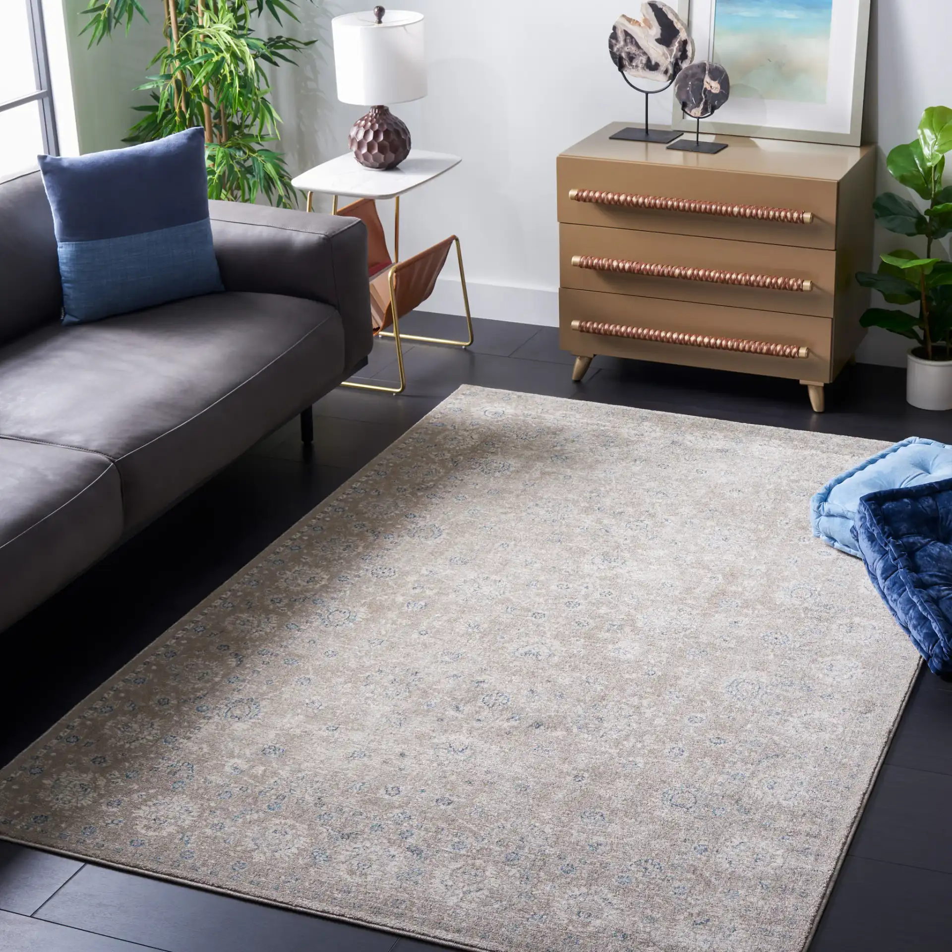 Sofia Allover Floral Bordered Rug in Tan / Blue in a styled room