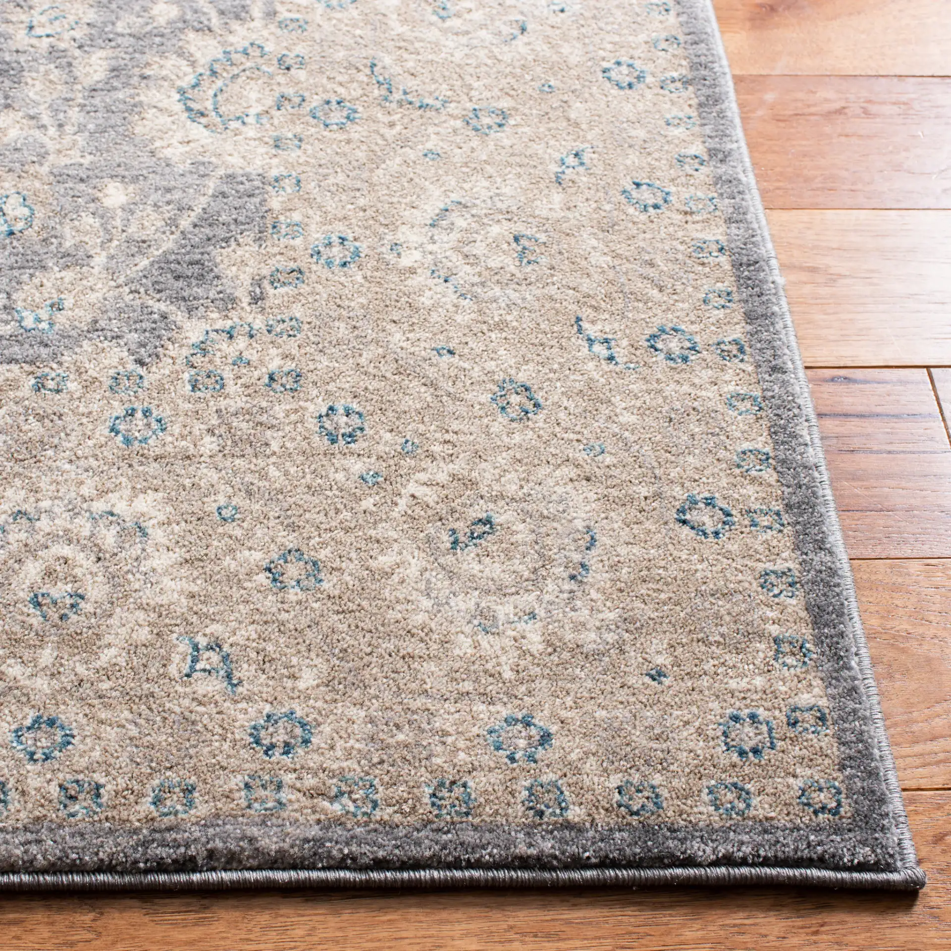 Sofia Allover Floral Bordered Rug in Light Gray / Beige in a styled room