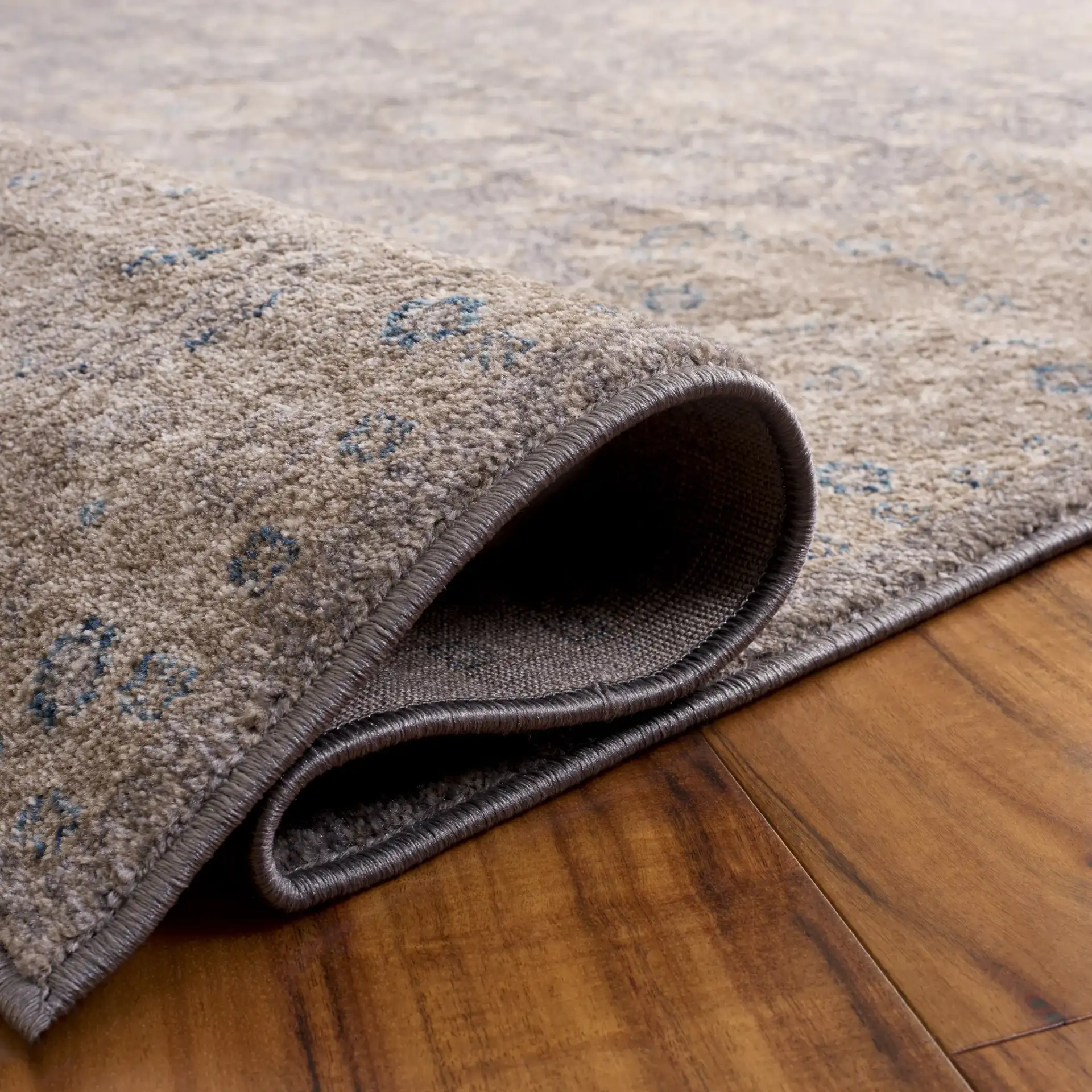 Sofia Allover Floral Bordered Rug in Light Gray / Beige in a styled room