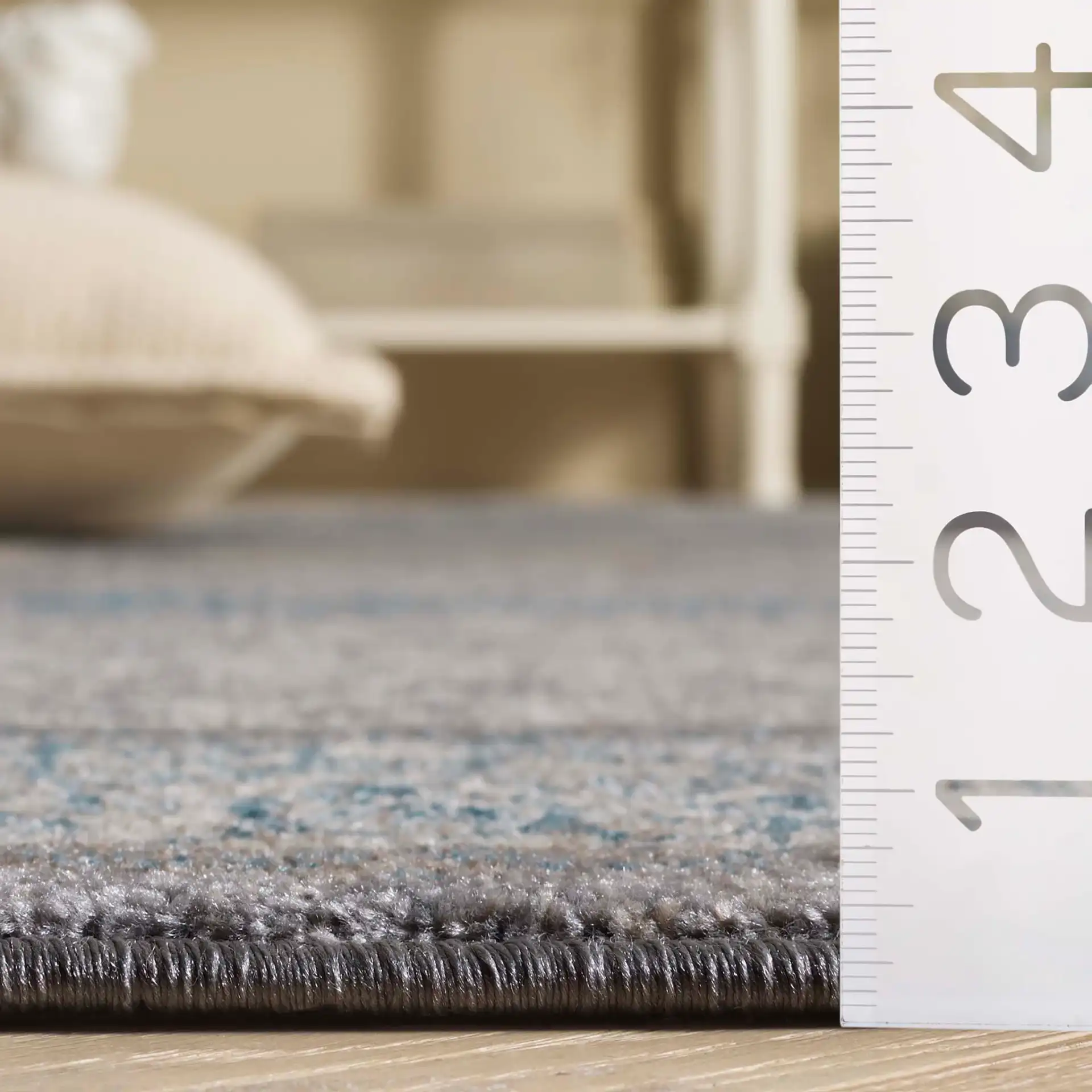 Sofia Medallion Border Rug in Light Gray / Blue in a styled room