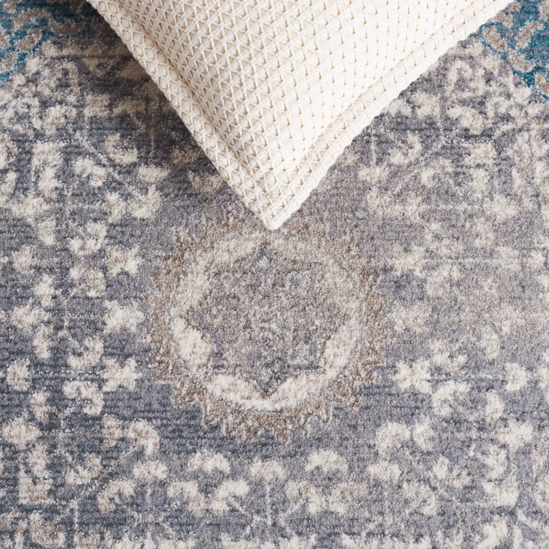 Sofia Medallion Border Rug in Light Gray / Blue in a styled room