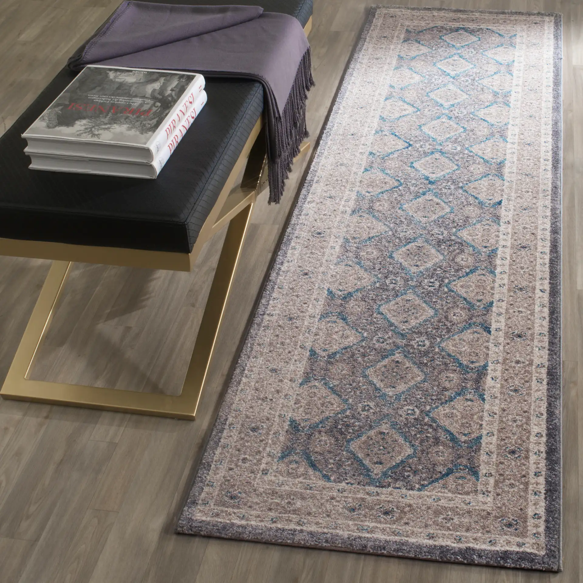 Sofia Medallion Bordered Rug in Light Gray / Beige in a styled room