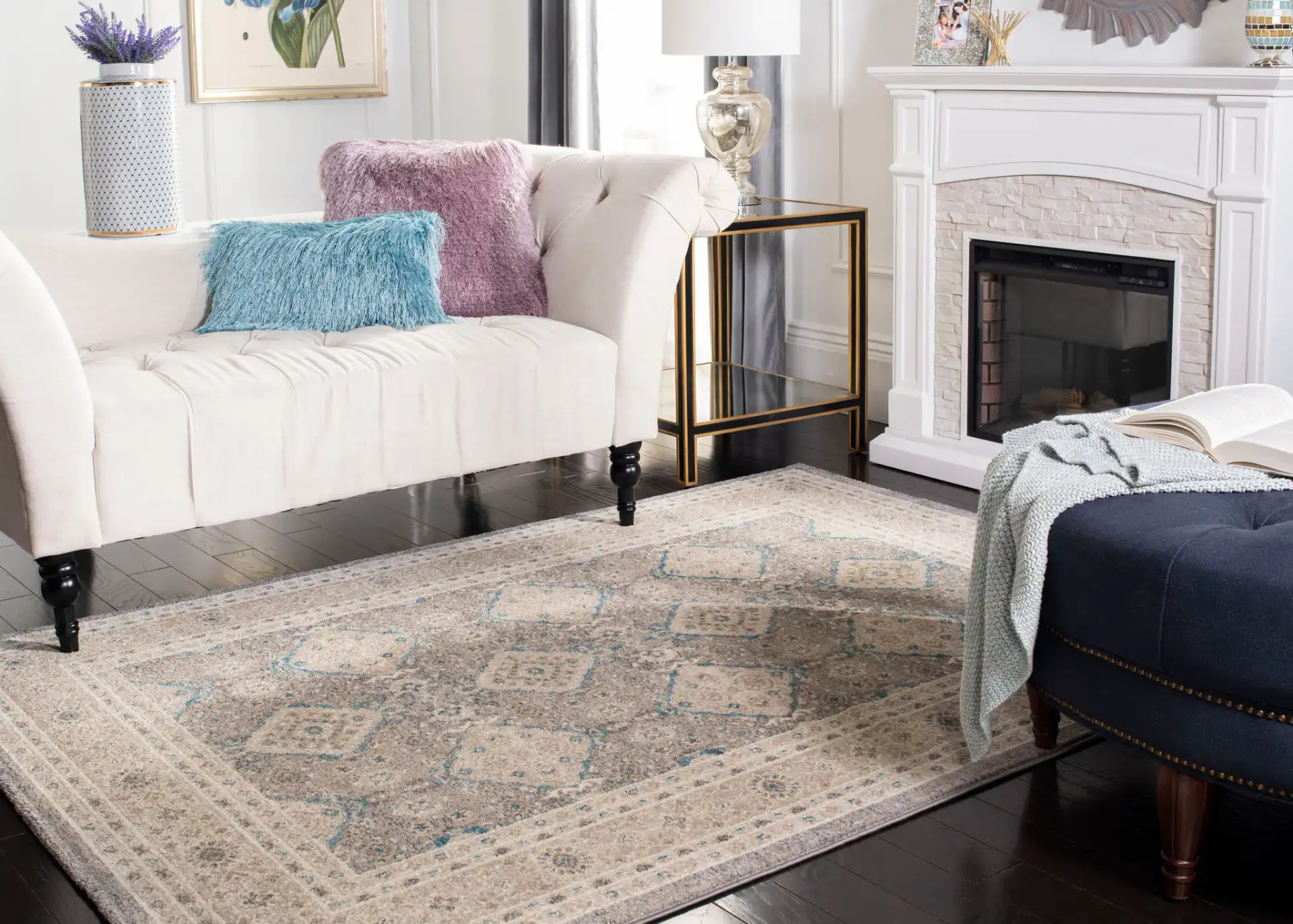 Sofia Medallion Bordered Rug in Light Gray / Beige in a styled room