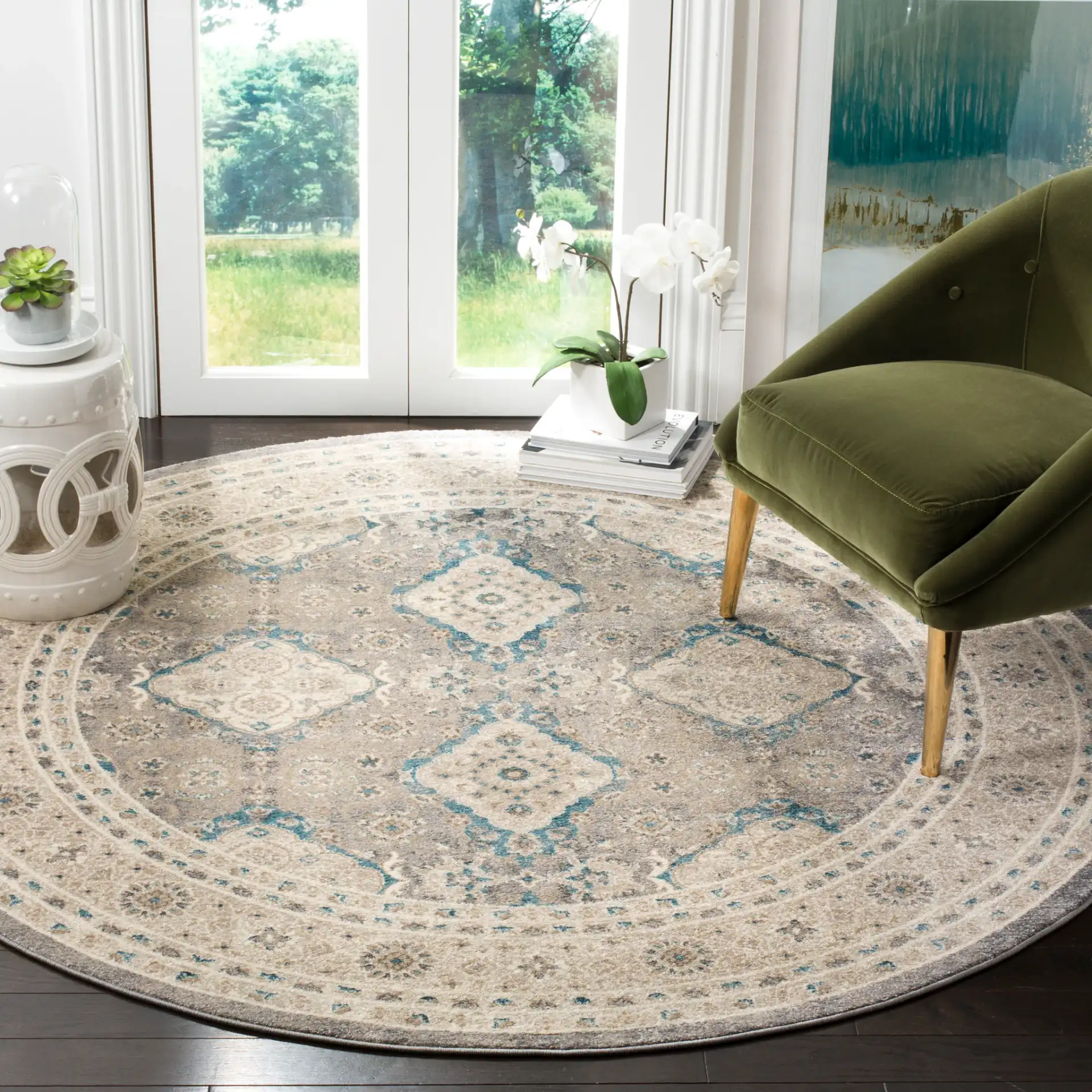 Sofia Medallion Bordered Rug in Light Gray / Beige in a styled room