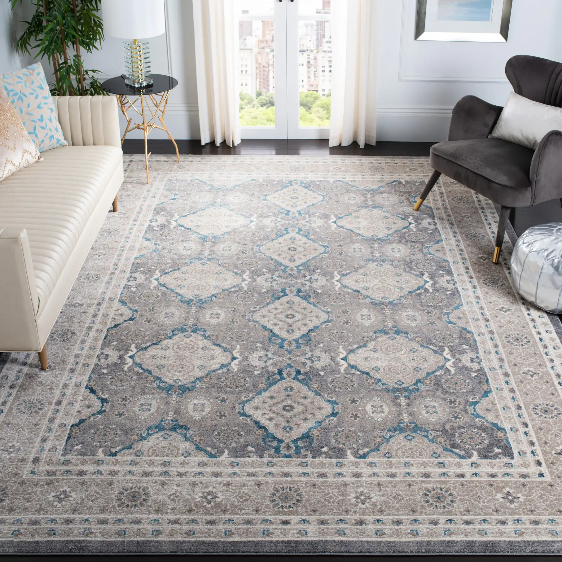 Sofia Medallion Bordered Rug in Light Gray / Beige in a styled room