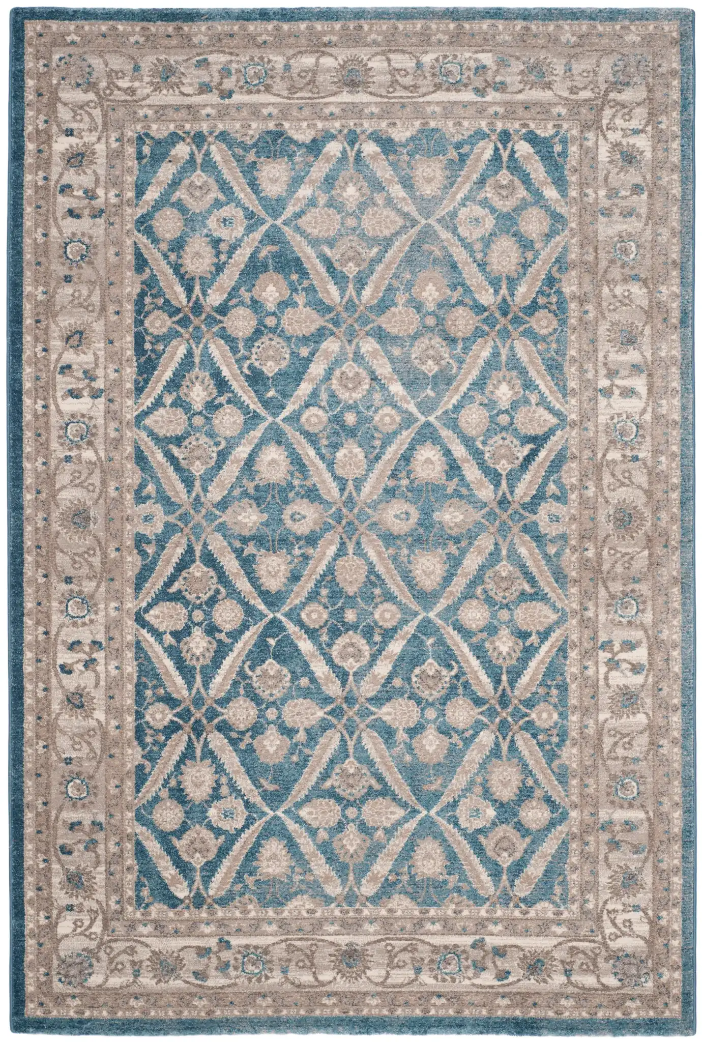 Sofia Floral Diamond Lattice Rug in Blue / Beige