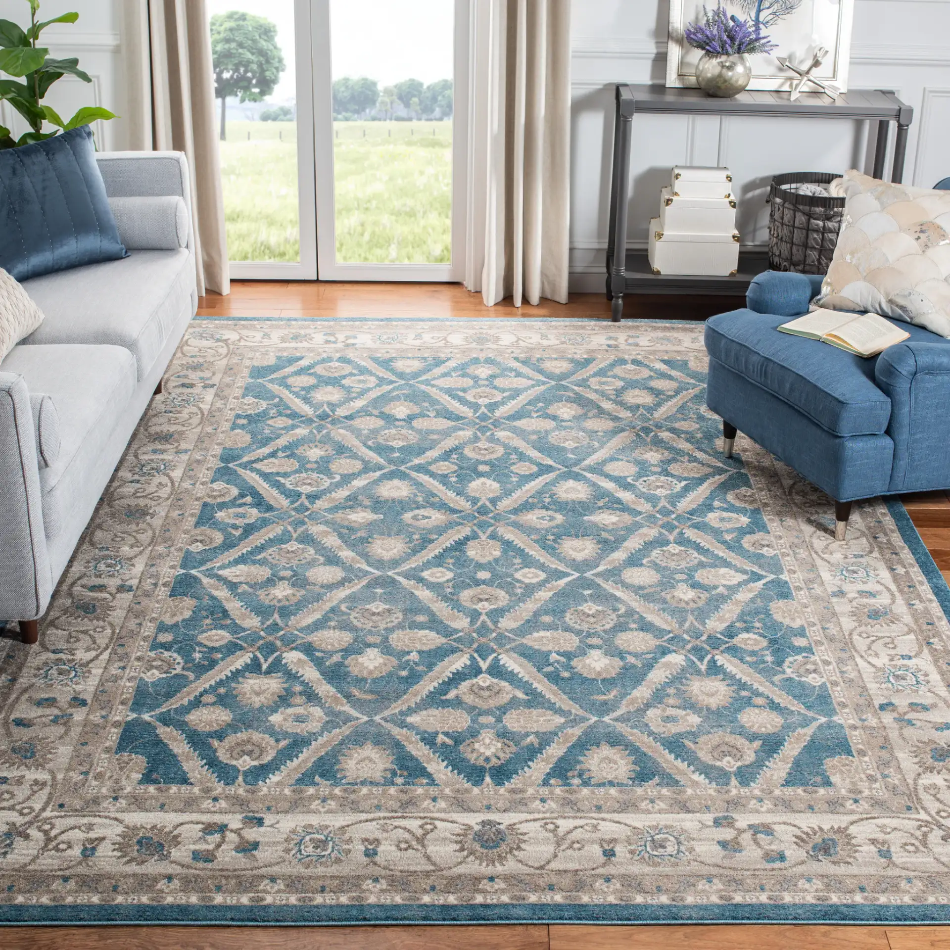 Sofia Floral Diamond Lattice Rug in Blue / Beige in a styled room