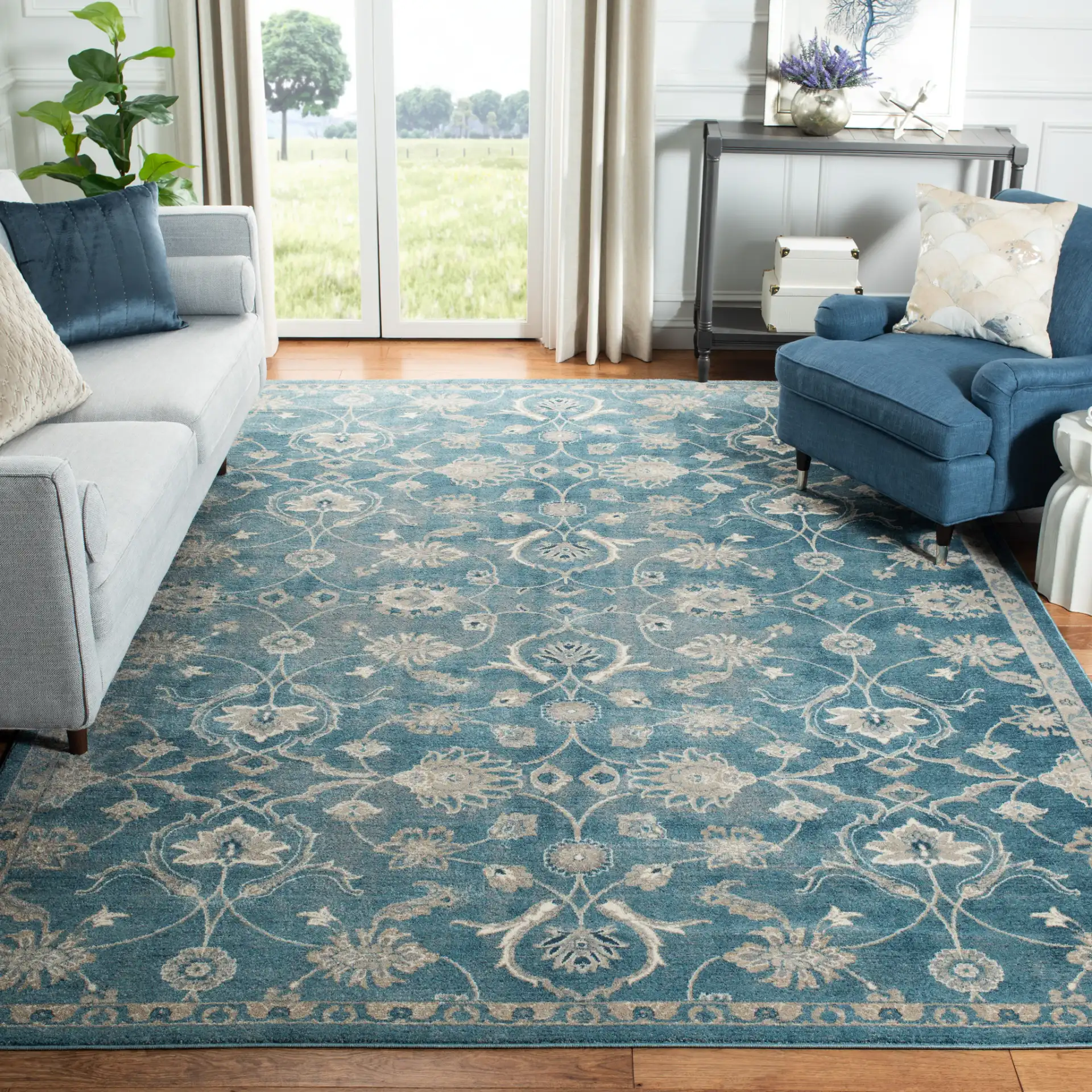 Sofia Floral Vine Rug in Blue / Beige in a styled room