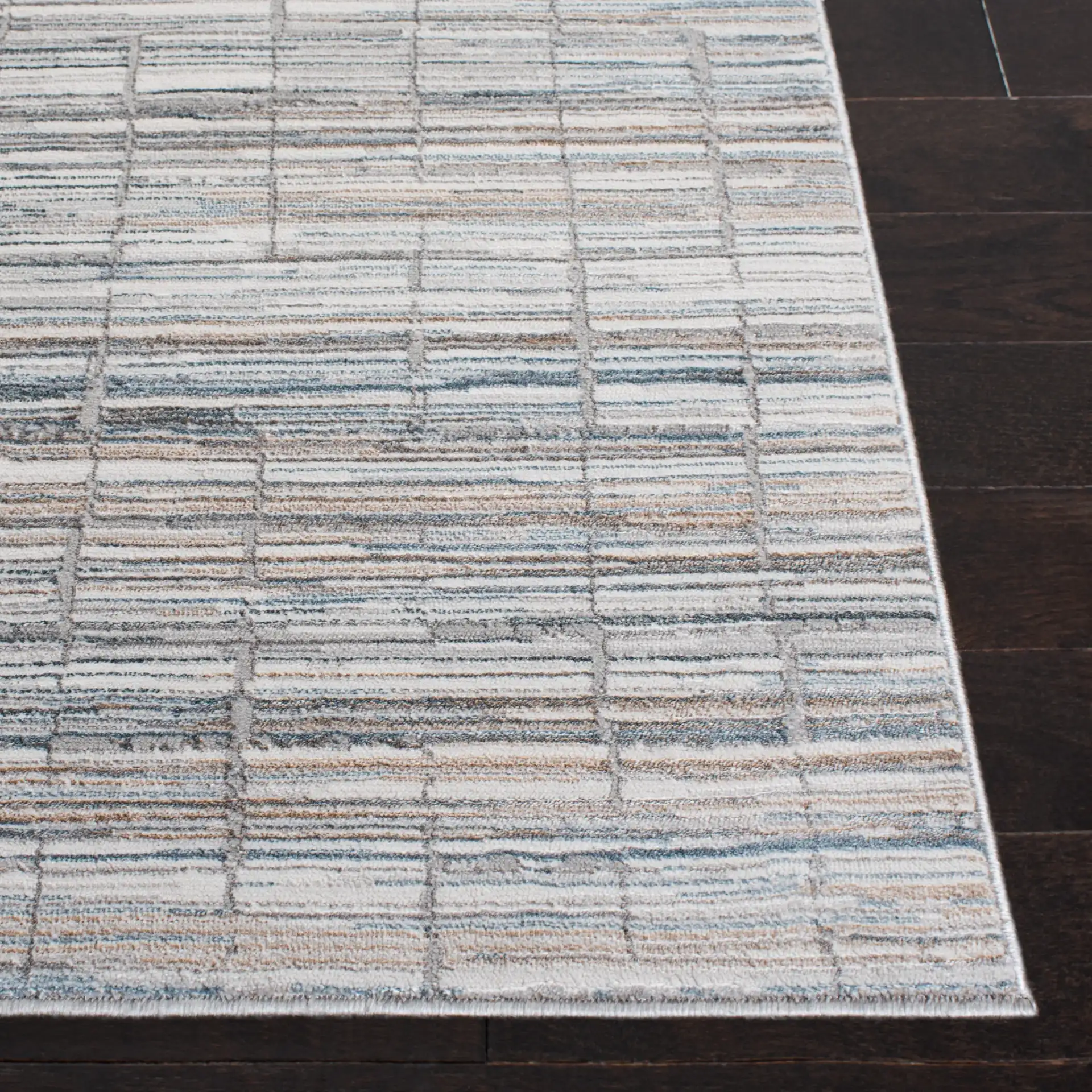 Sonoma Linear Grid Rug in Gray / Ivory in a styled room