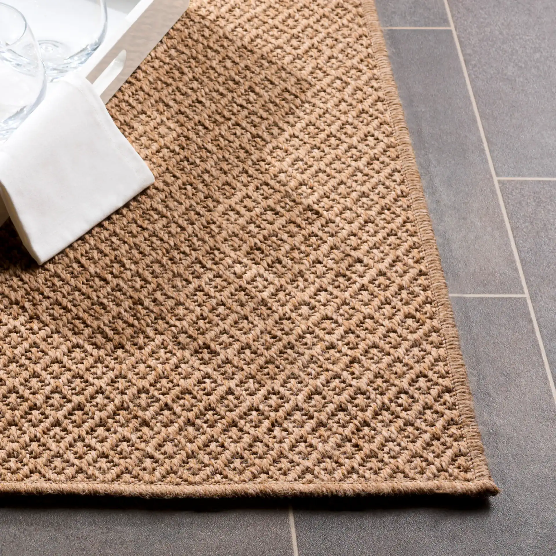 Sisal Performance Diamond Grid Rug in Natural in a styled room