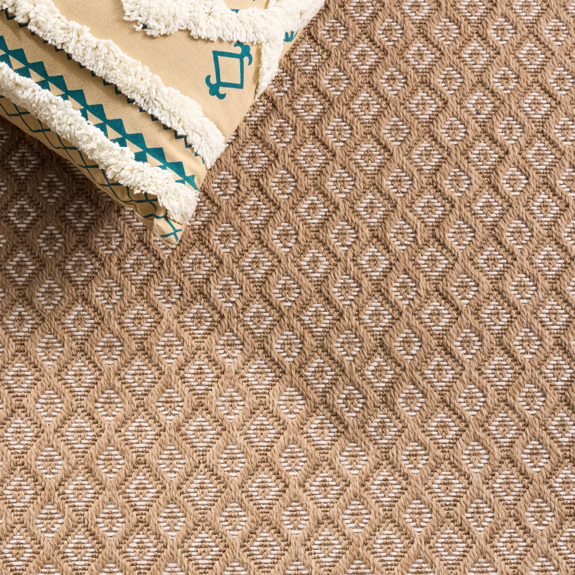 Sisal Performance Nested Diamond Rug in Natural / Ivory in a styled room