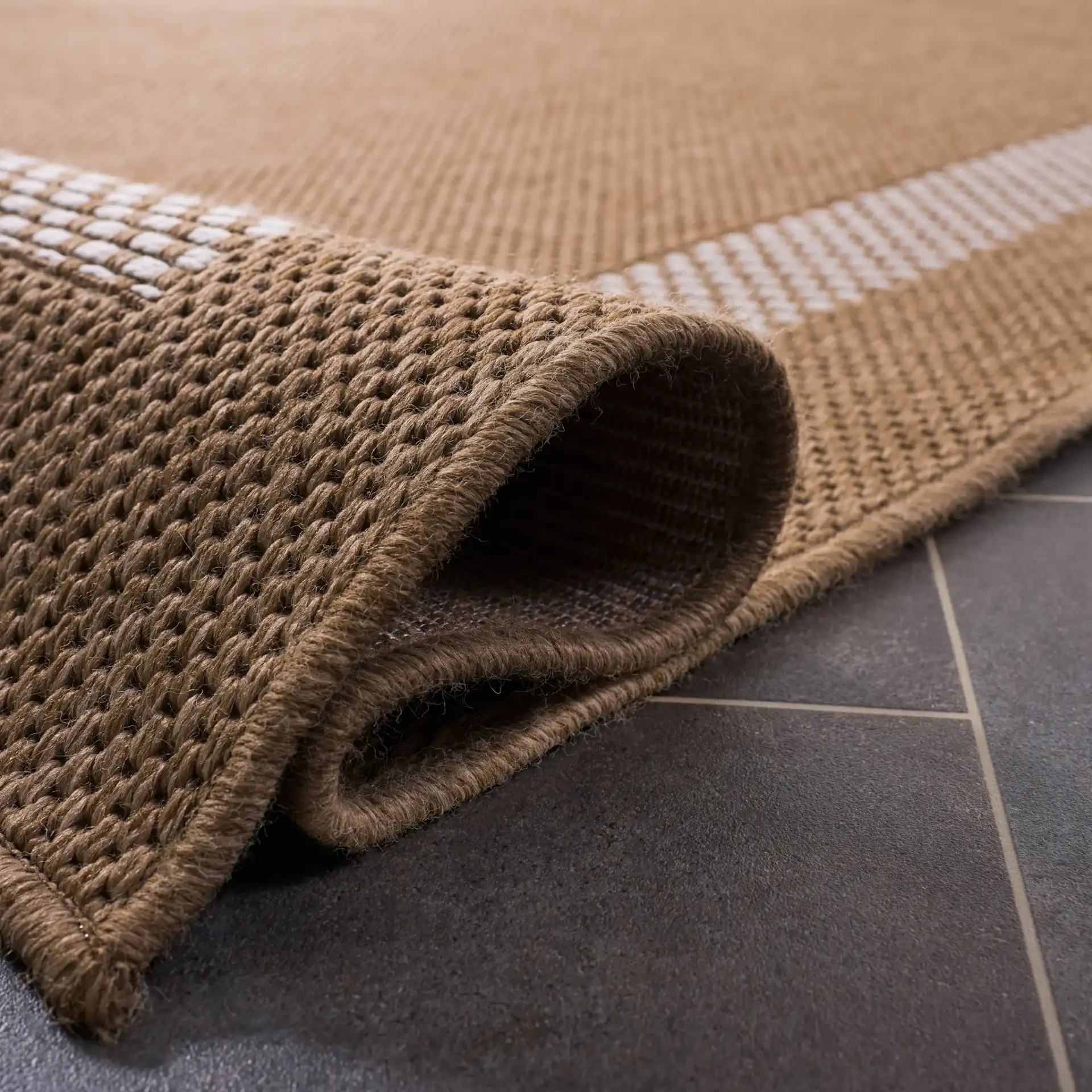 Sisal Performance Tulum Bordered Rug in Natural / Ivory in a styled room