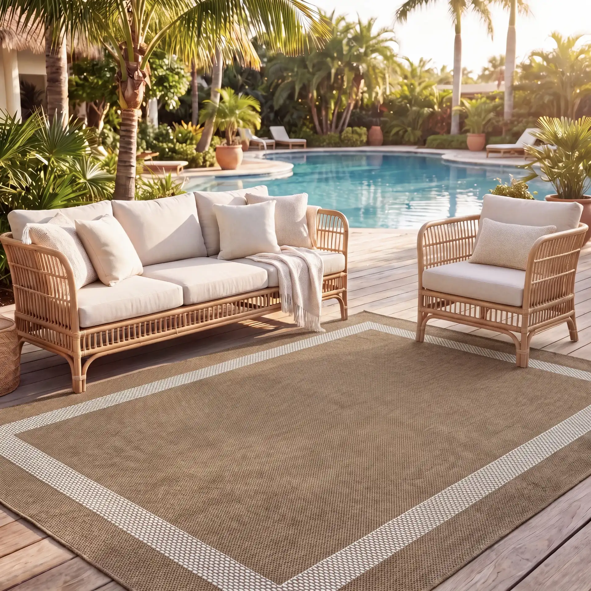 Sisal Performance Tulum Bordered Rug in Natural / Ivory in a styled room