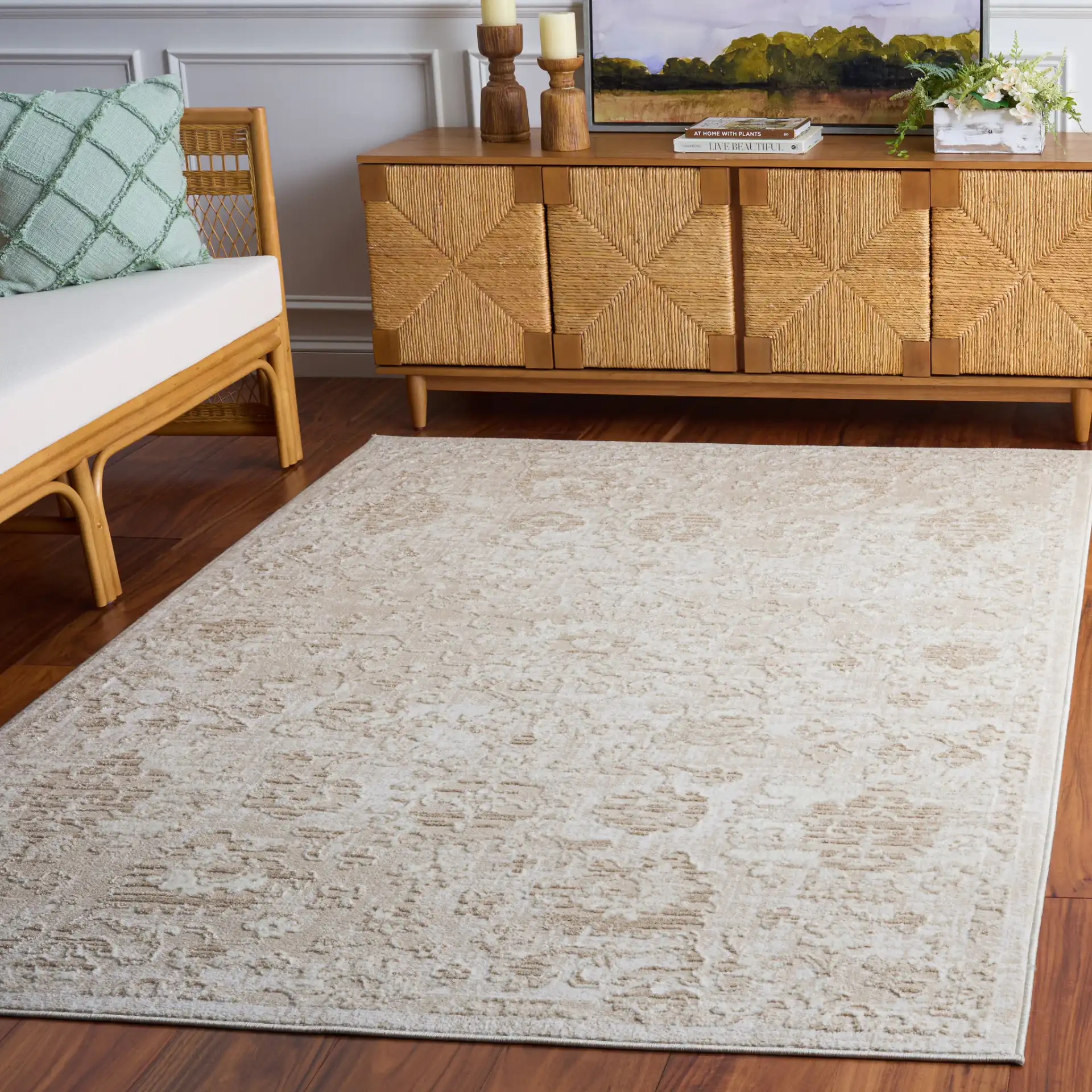 Spencer Transitional Allover Rug in Beige / Ivory in a styled room