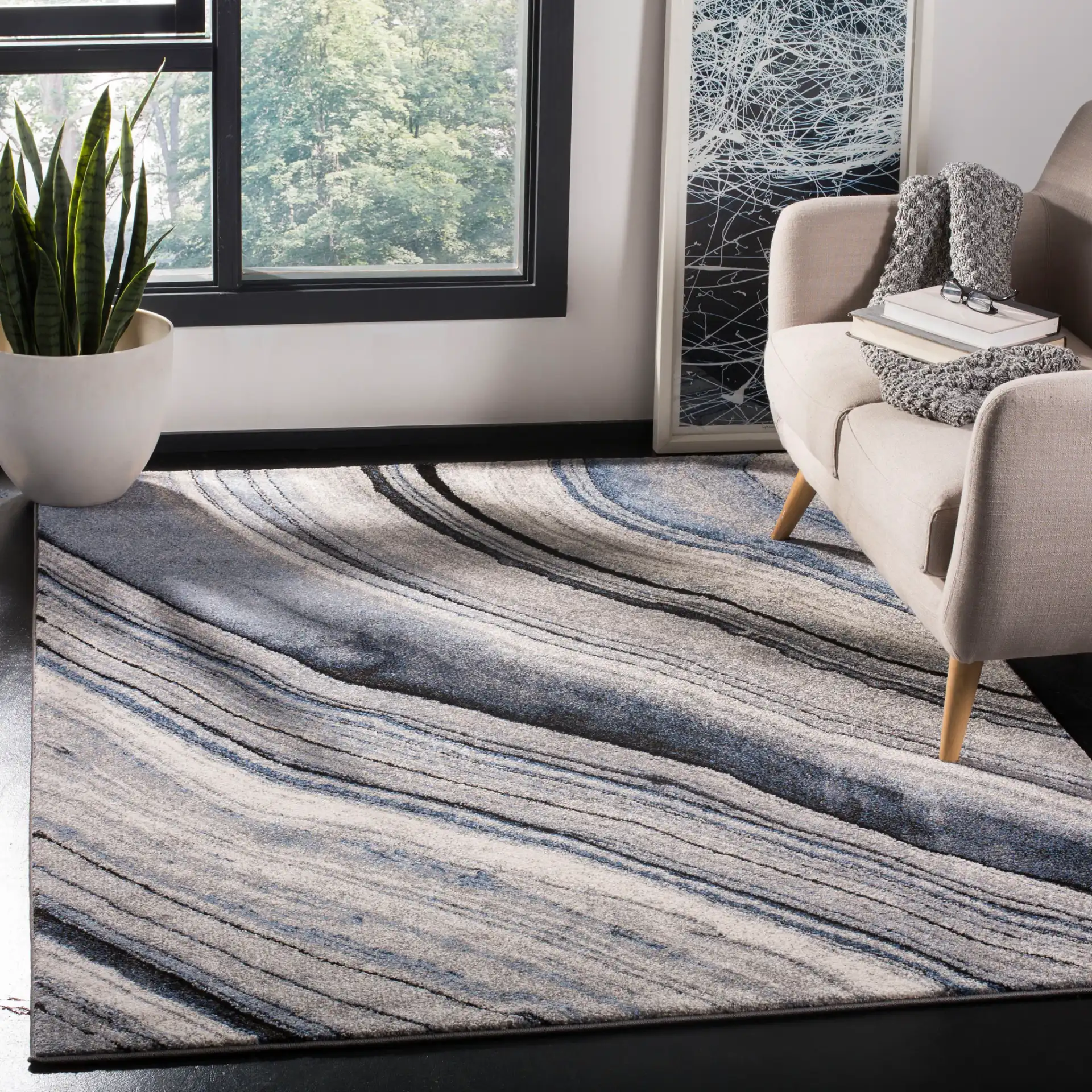 Spirit Marble Swirl Rug in Blue / Gray in a styled room