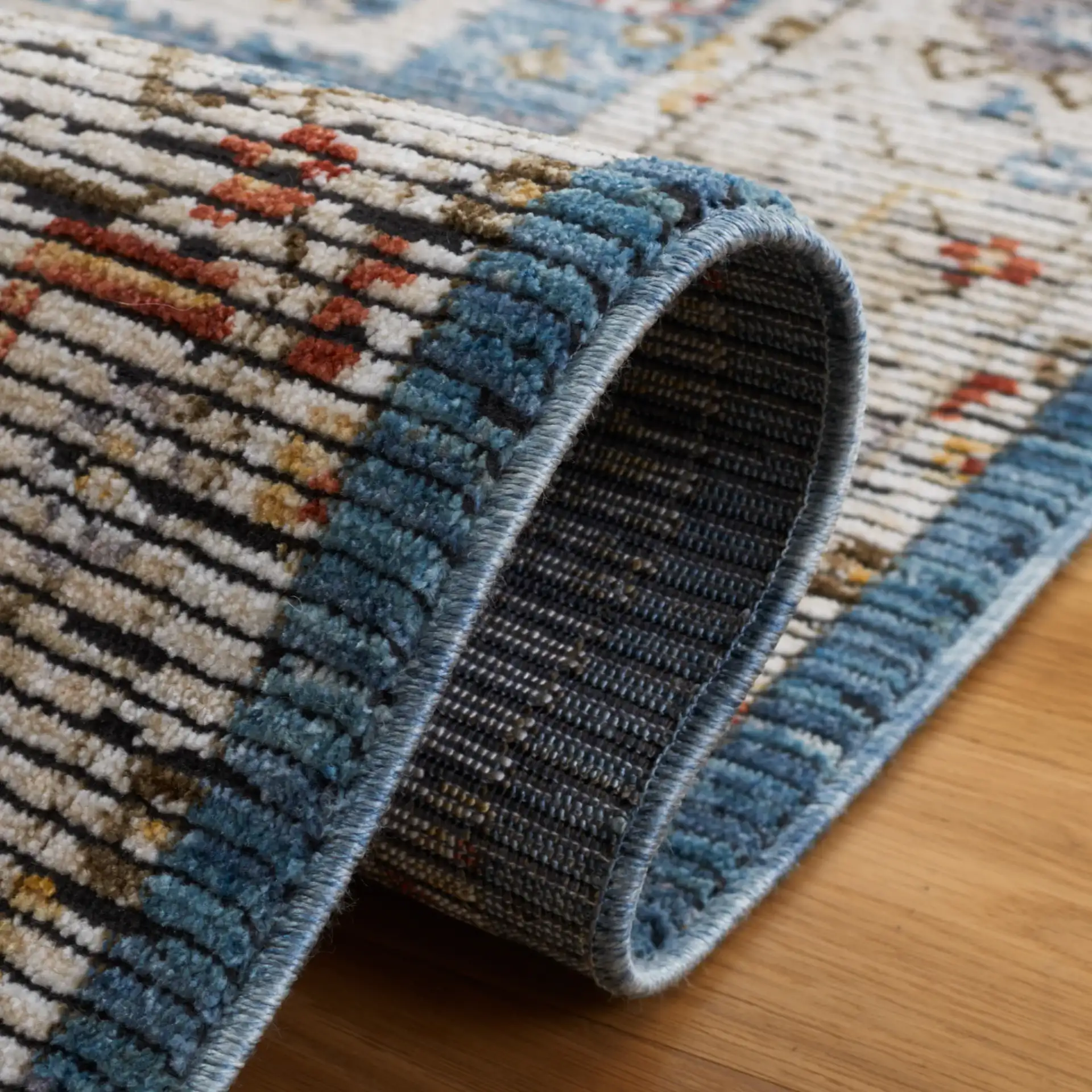 Sierra Geometric Panel Rug in Ivory / Blue in a styled room