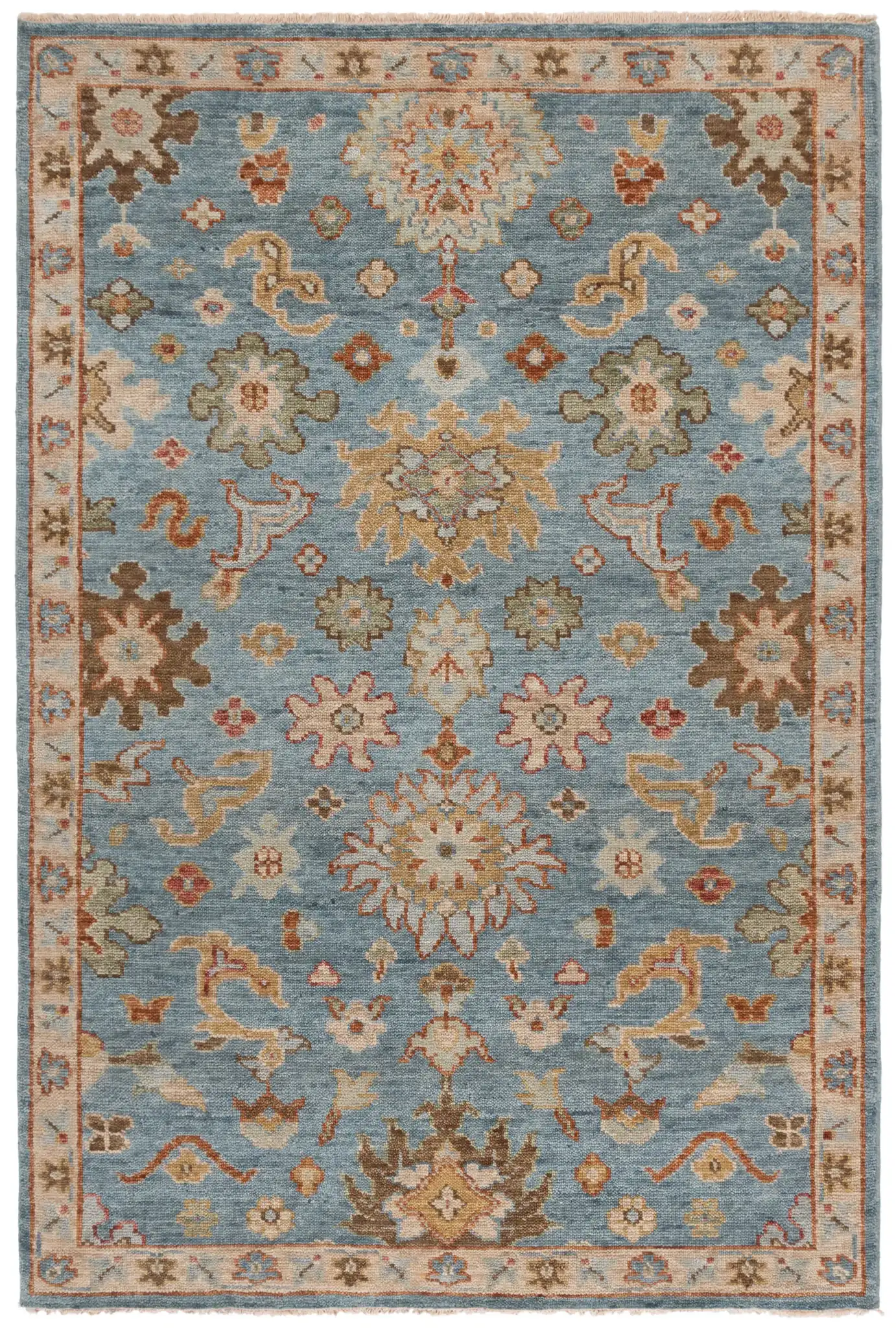 Samarkand Palmette Floral Bordered Hand-Knotted Wool Rug in Blue