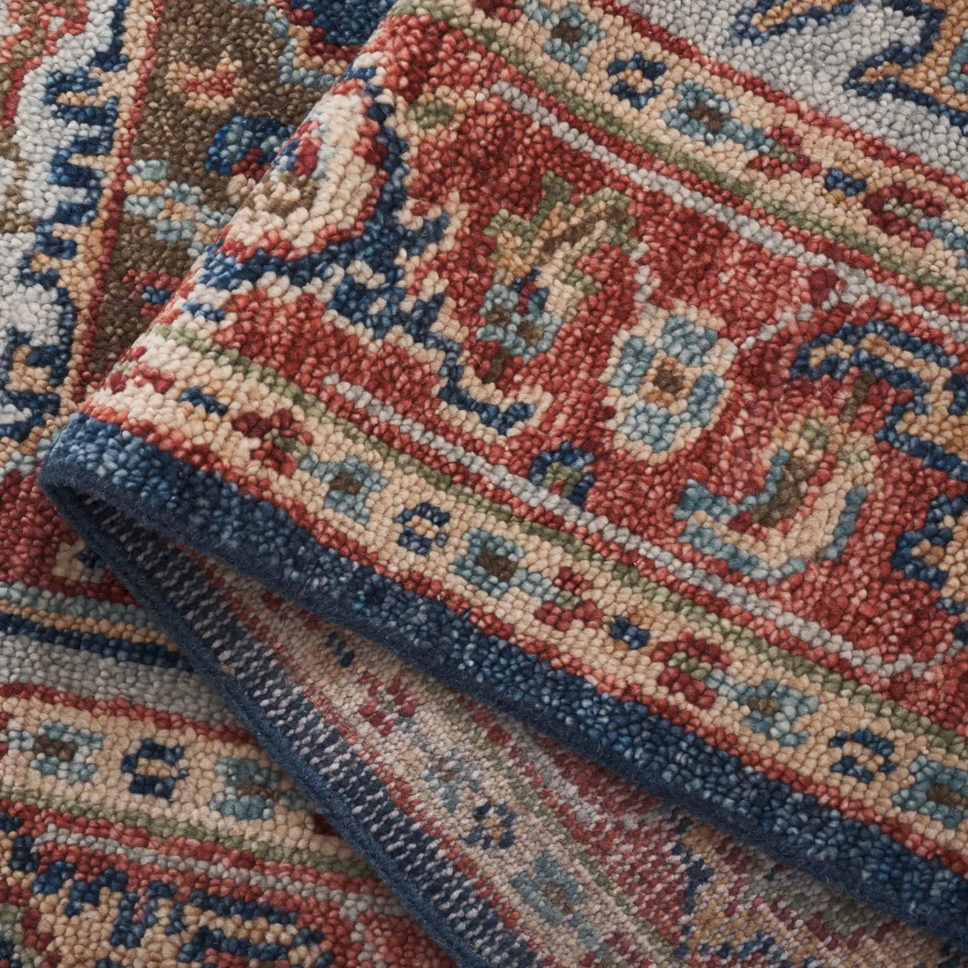 Samarkand Layered Medallion Hand-Knotted Wool Rug in Navy / Rust in a styled room