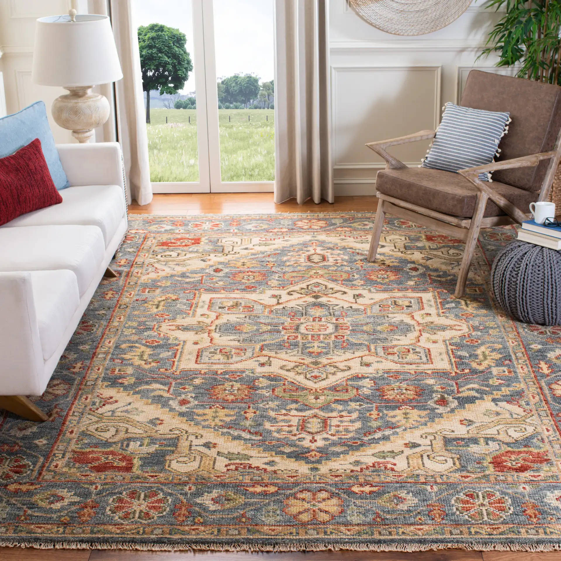 Samarkand Stepped Medallion Hand-Knotted Wool Rug in Blue / Ivory in a styled room