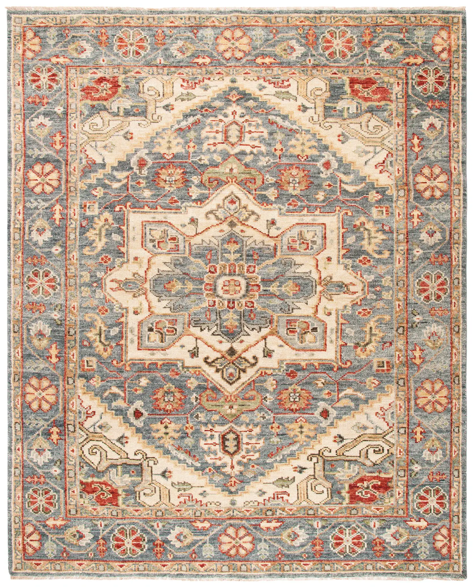 Samarkand Stepped Medallion Hand-Knotted Wool Rug in Blue / Ivory