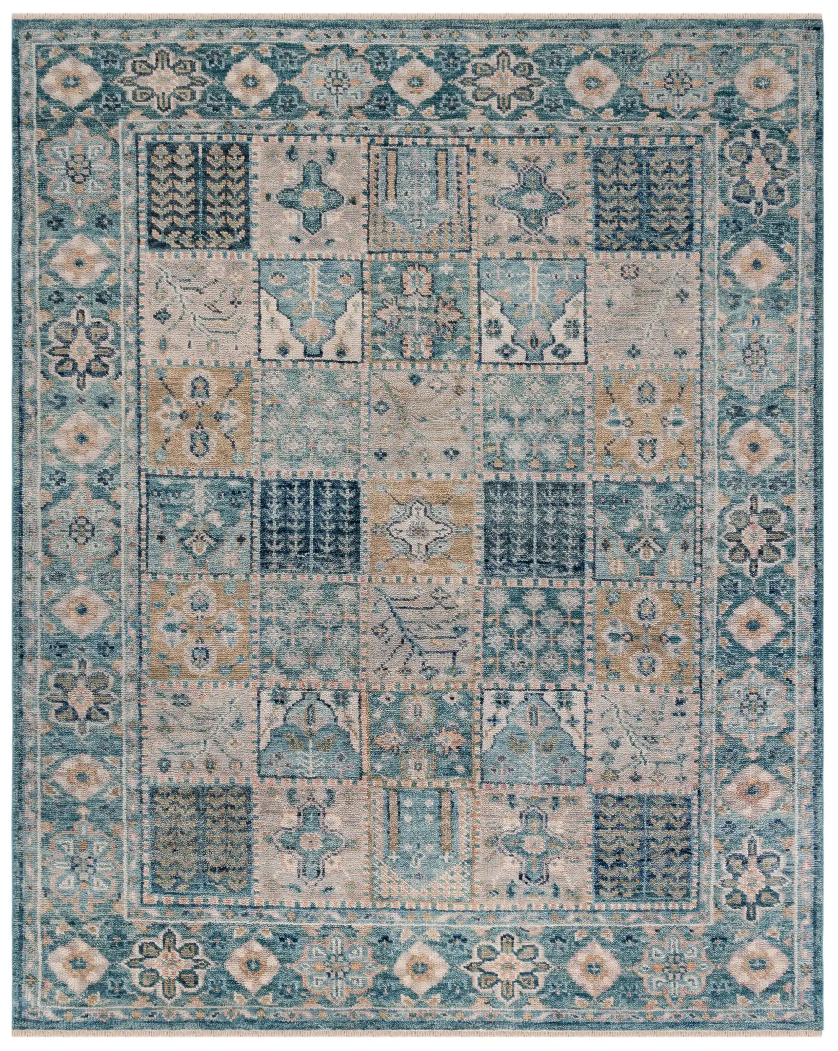 Samarkand Panel Hand-Knotted Wool Rug in Blue / Beige