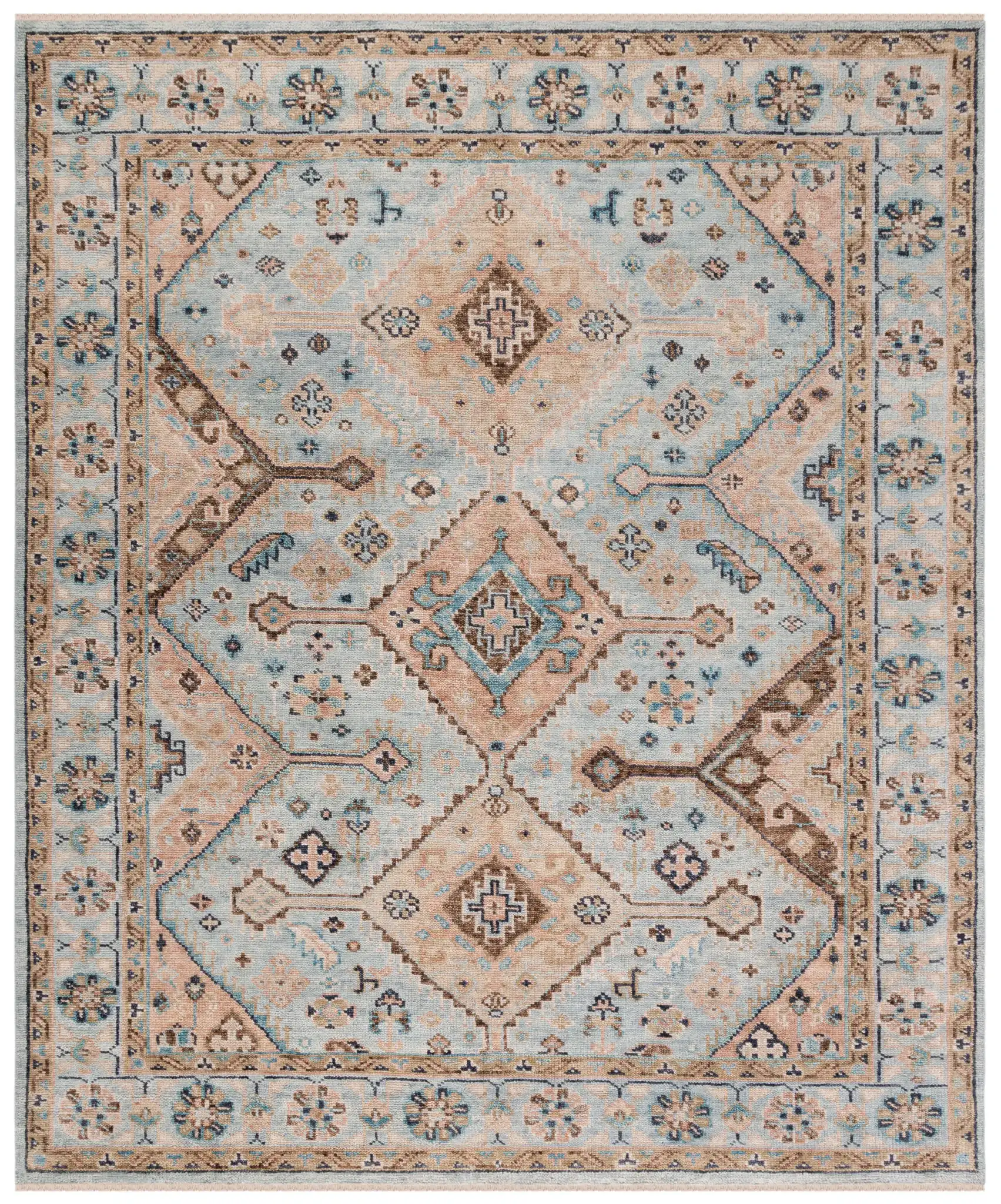 Samarkand Tribal Medallion Bordered Hand-Knotted Wool Rug in Light Blue / Beige