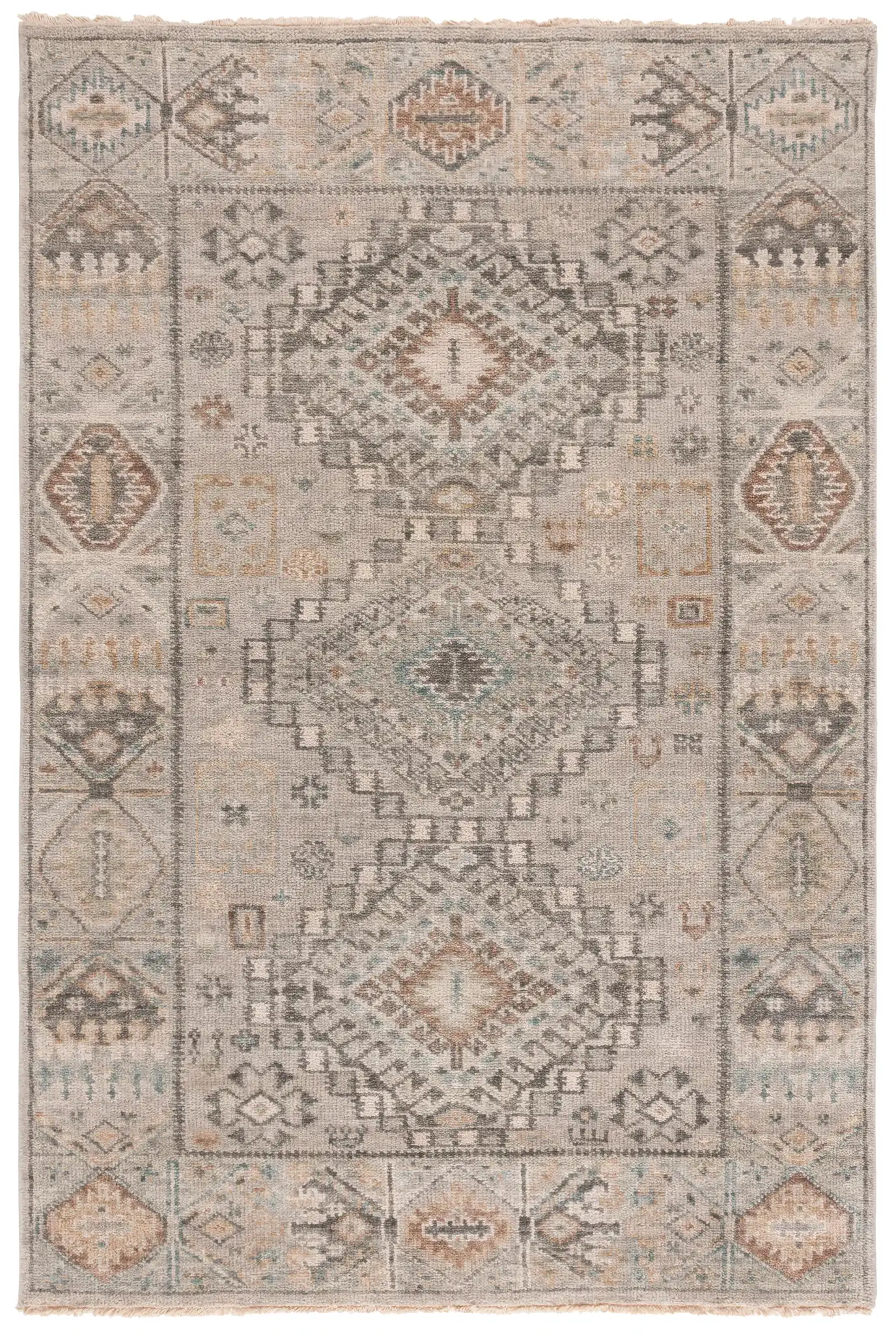 Samarkand Faded Tribal Medallion Hand-Knotted Wool Rug in Gray / Ivory