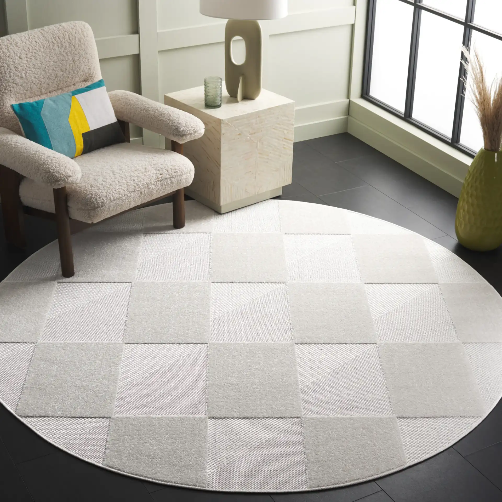 Stella Geometric Block Outdoor Rug in Ivory in a styled room