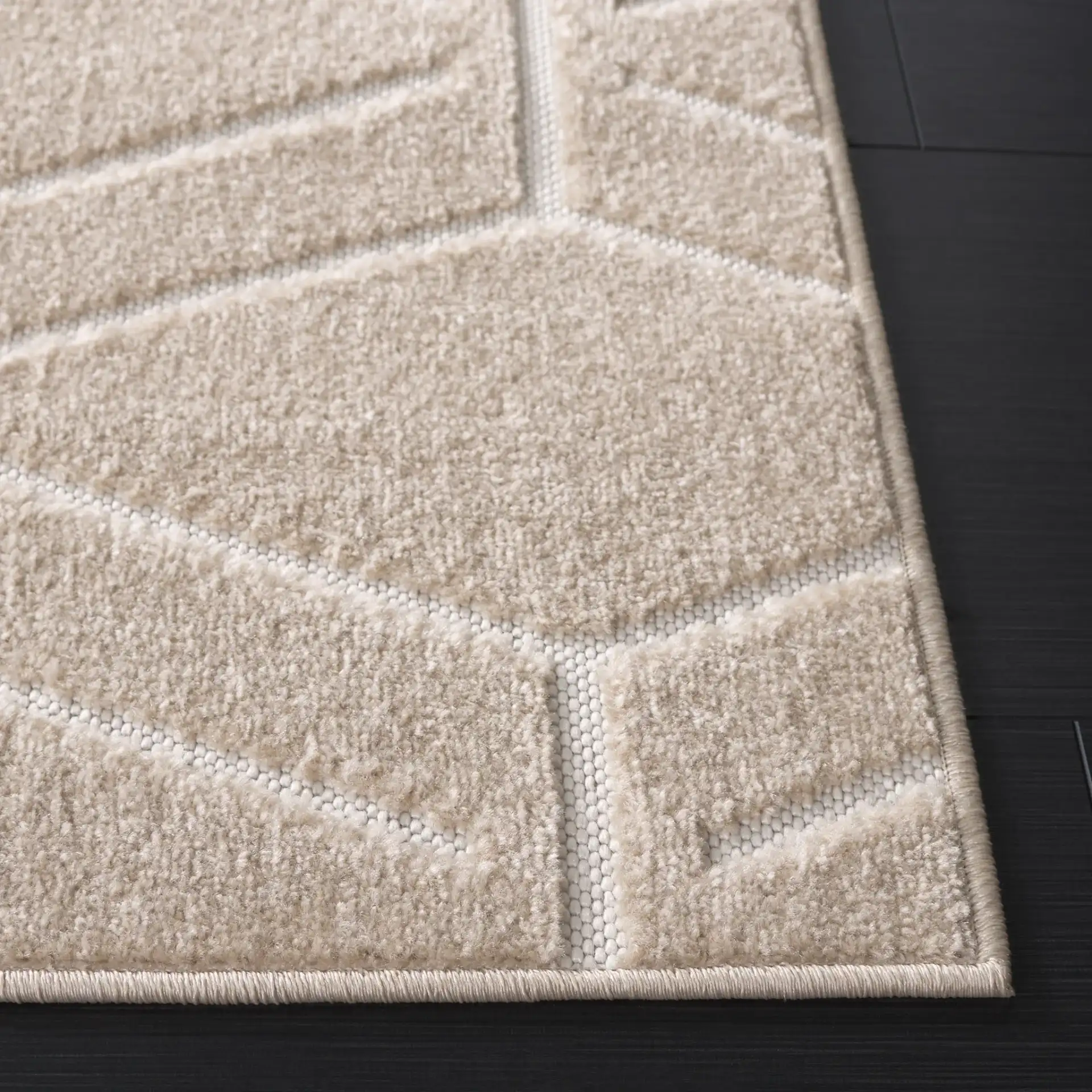 Stella Geometric Lattice Outdoor Rug in Beige in a styled room