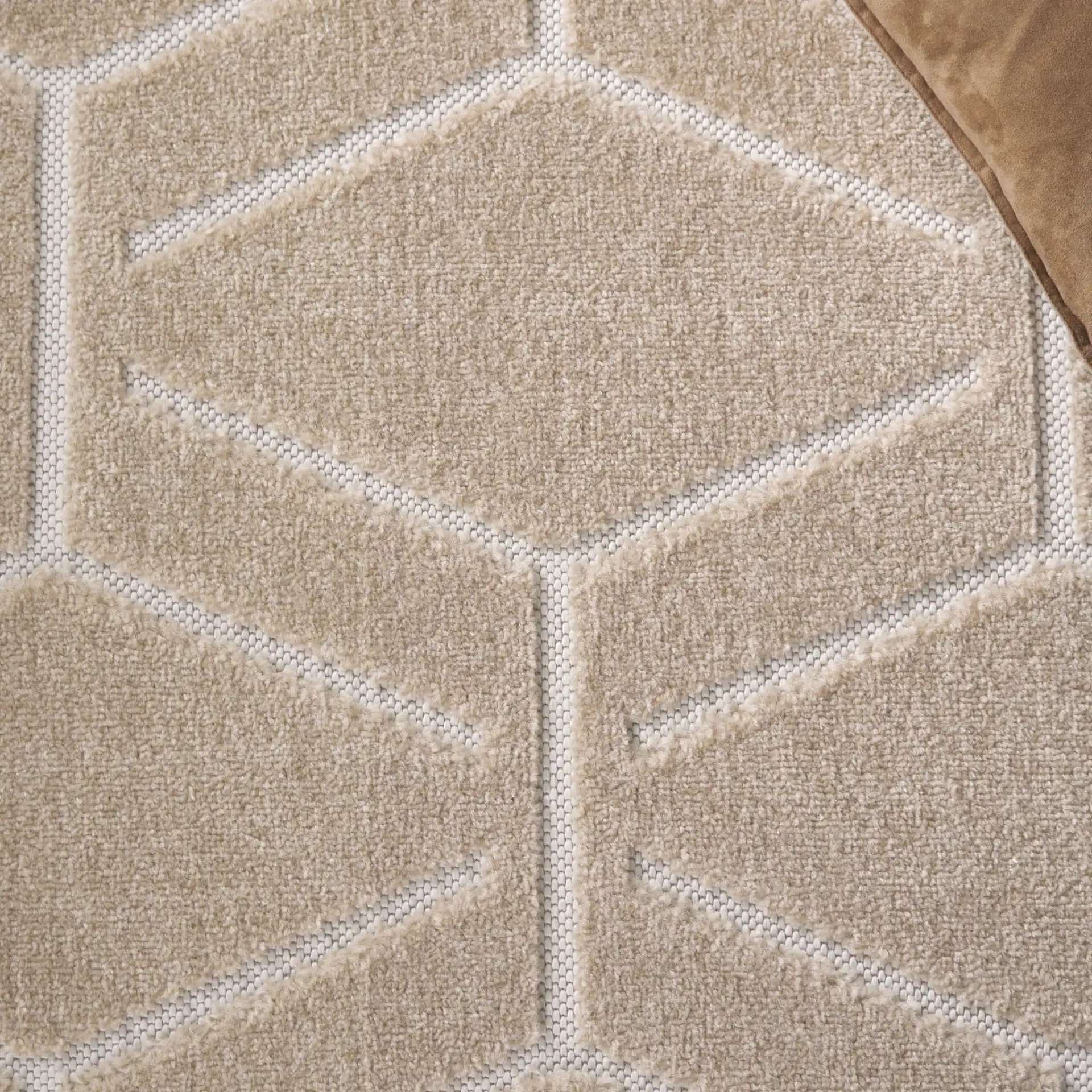 Stella Geometric Lattice Outdoor Rug in Beige in a styled room