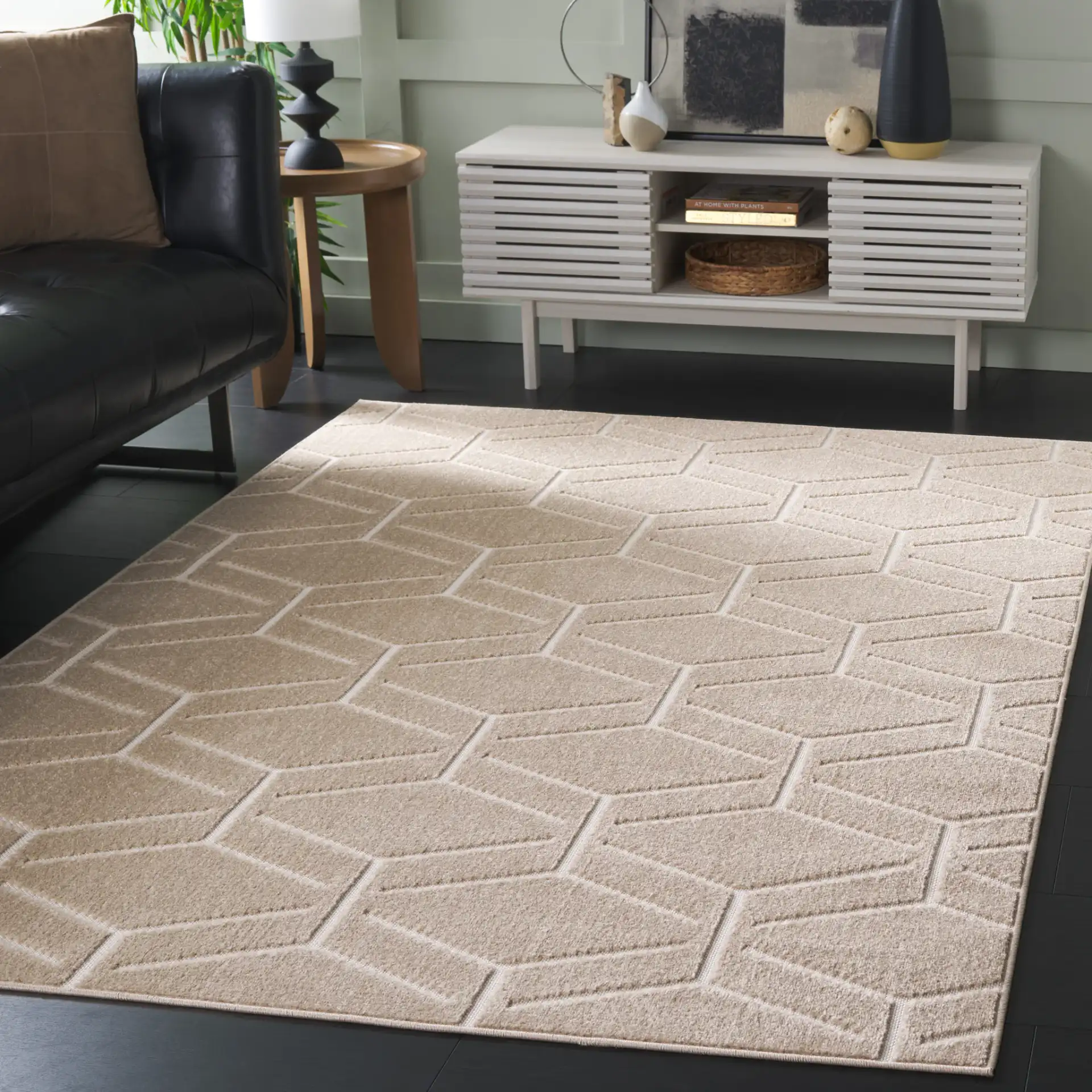 Stella Geometric Lattice Outdoor Rug in Beige in a styled room