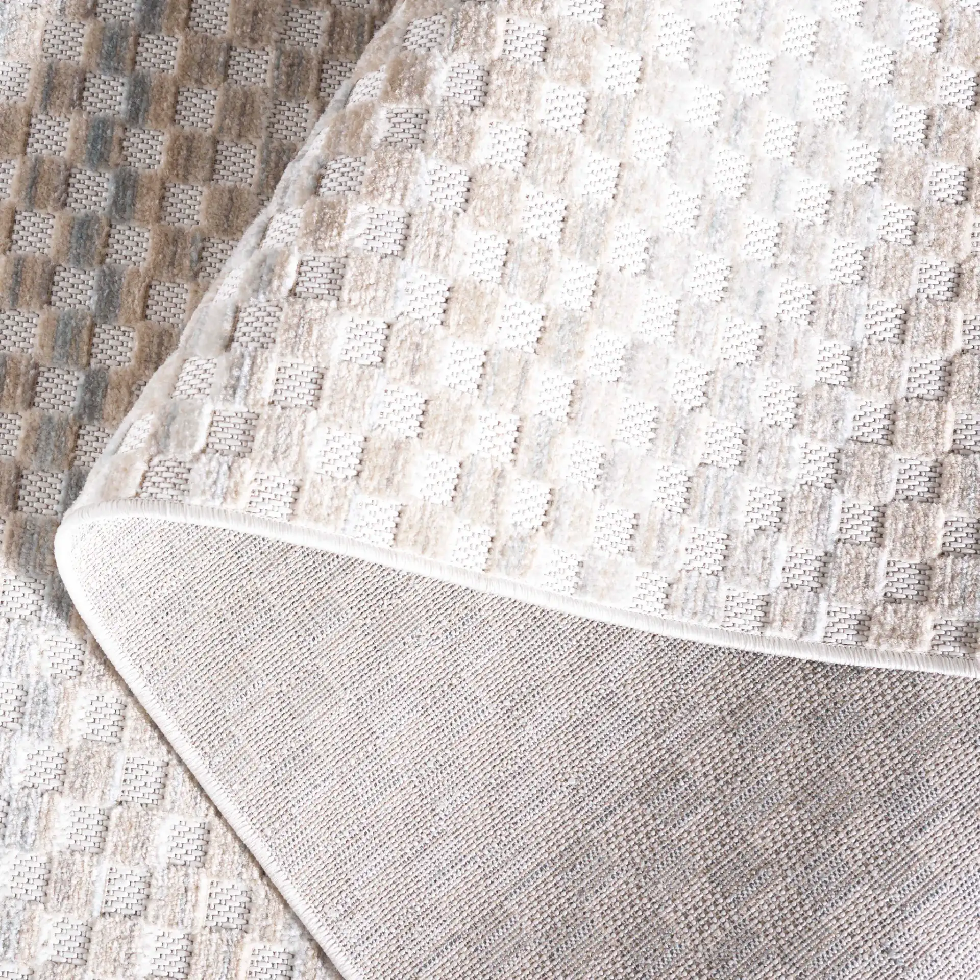 Stella Grid Stripe Outdoor Rug in Beige / Blue in a styled room
