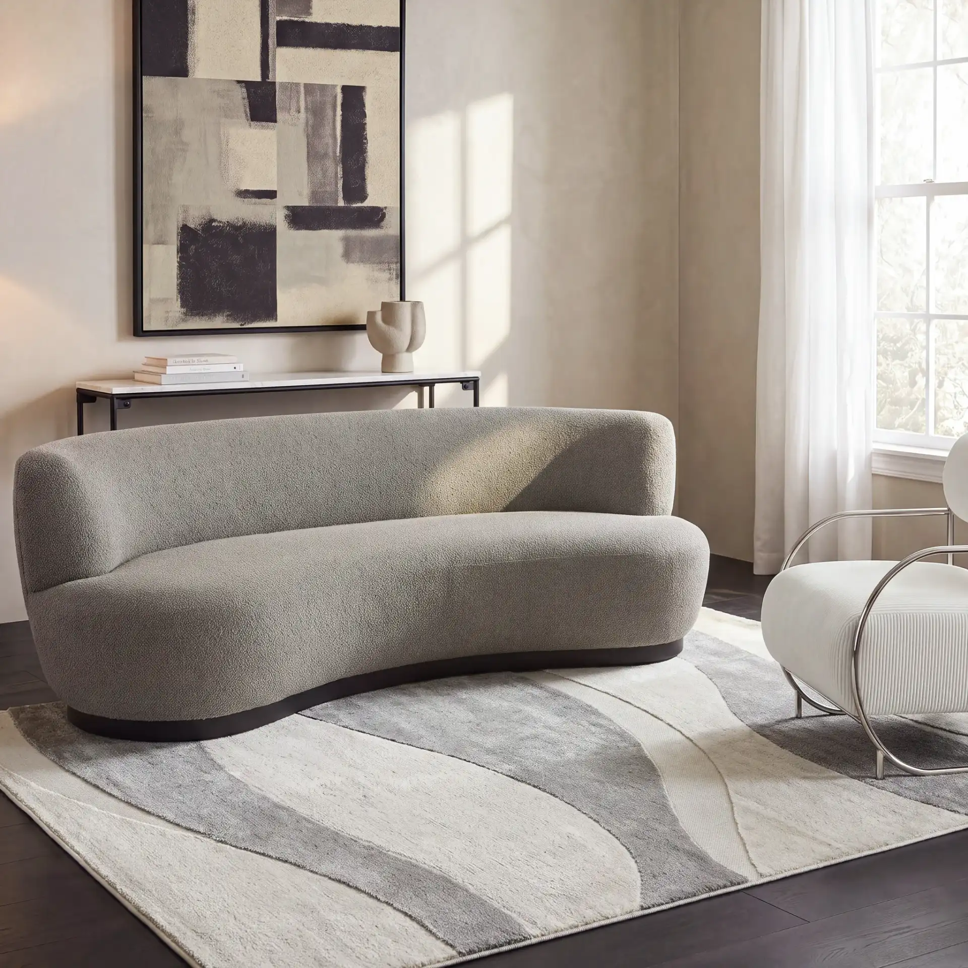 Stella Modern Wave Rug in Ivory / Gray in a styled room