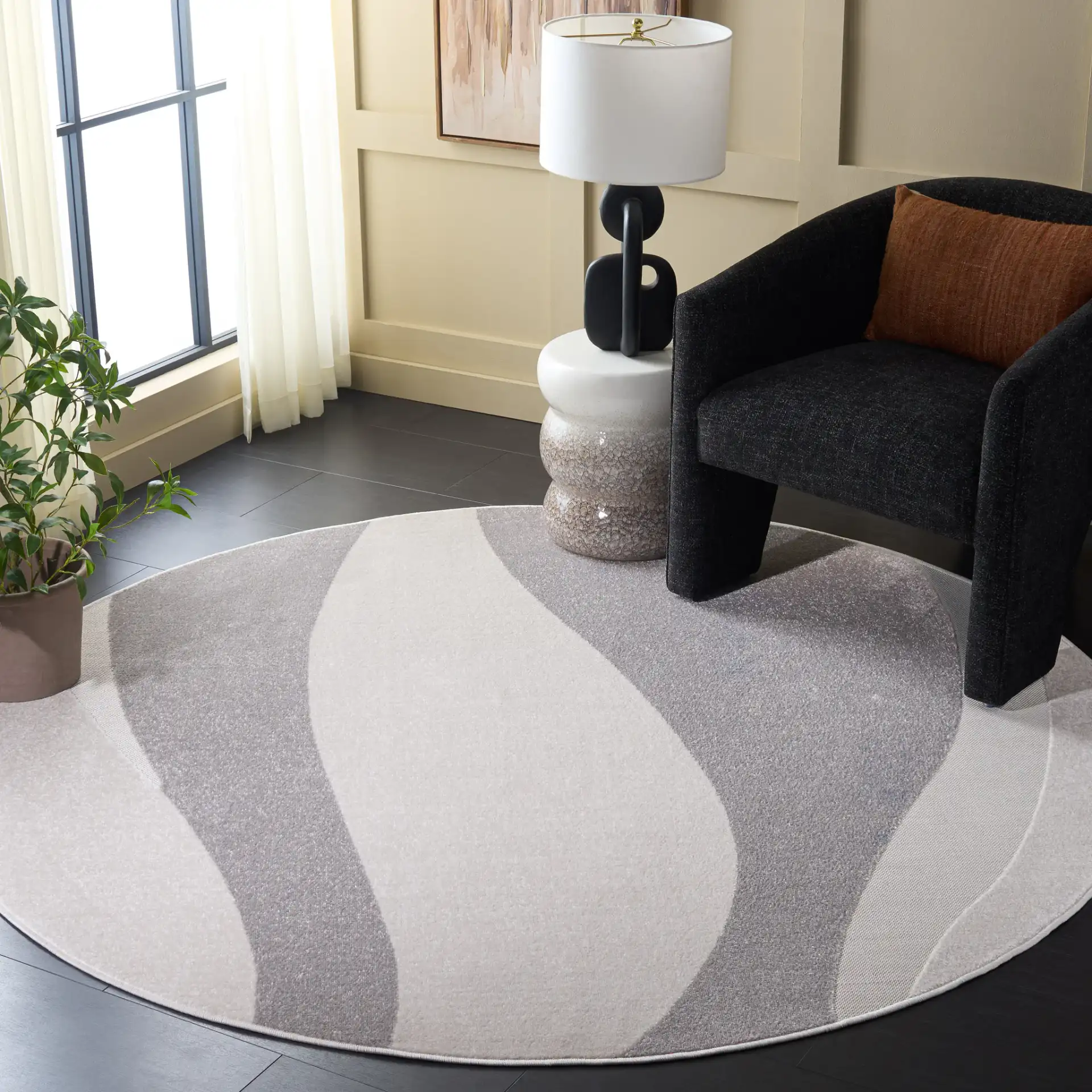 Stella Modern Wave Rug in Ivory / Gray in a styled room