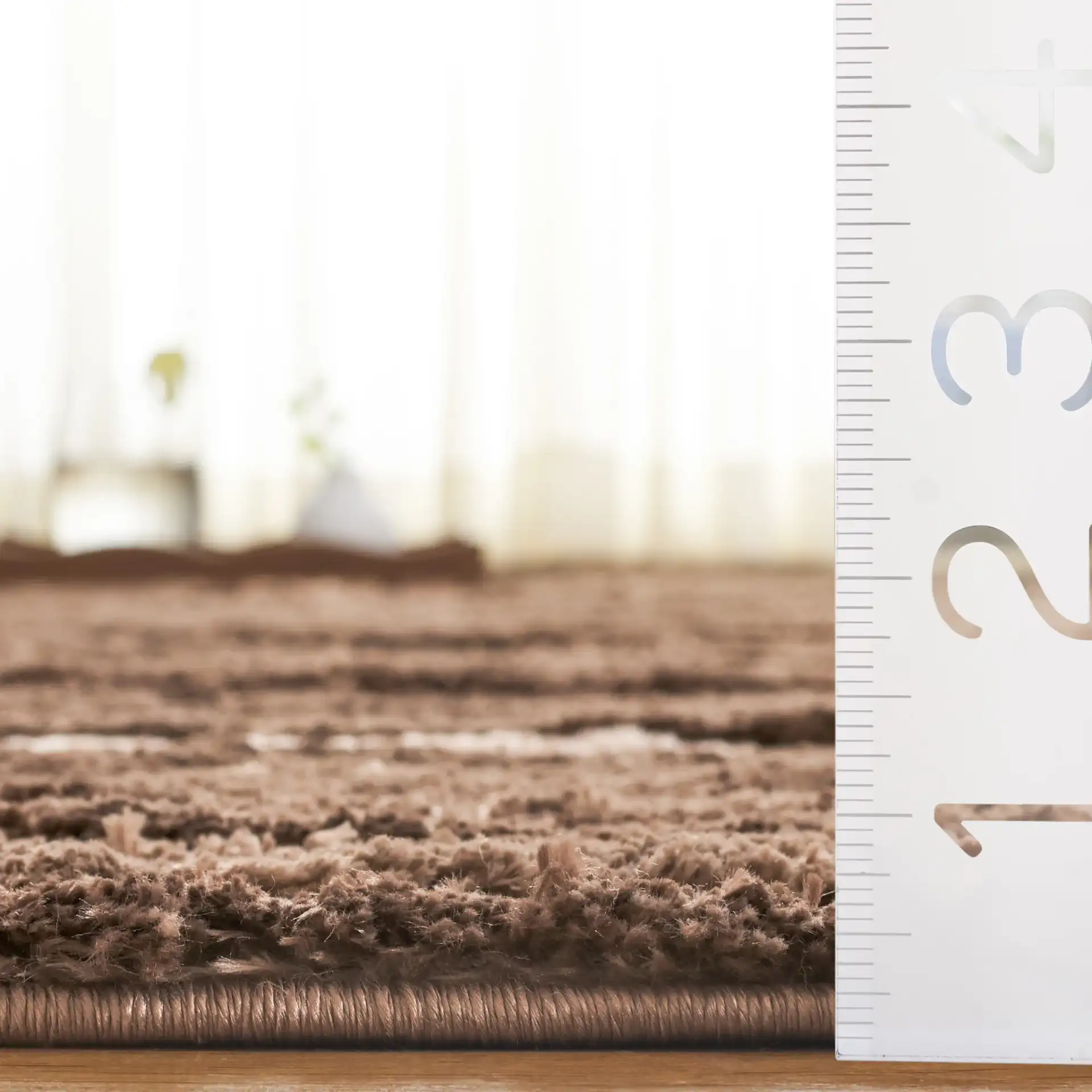 Seattle Ribbed Stripe Shag Rug in Brown / Ivory in a styled room