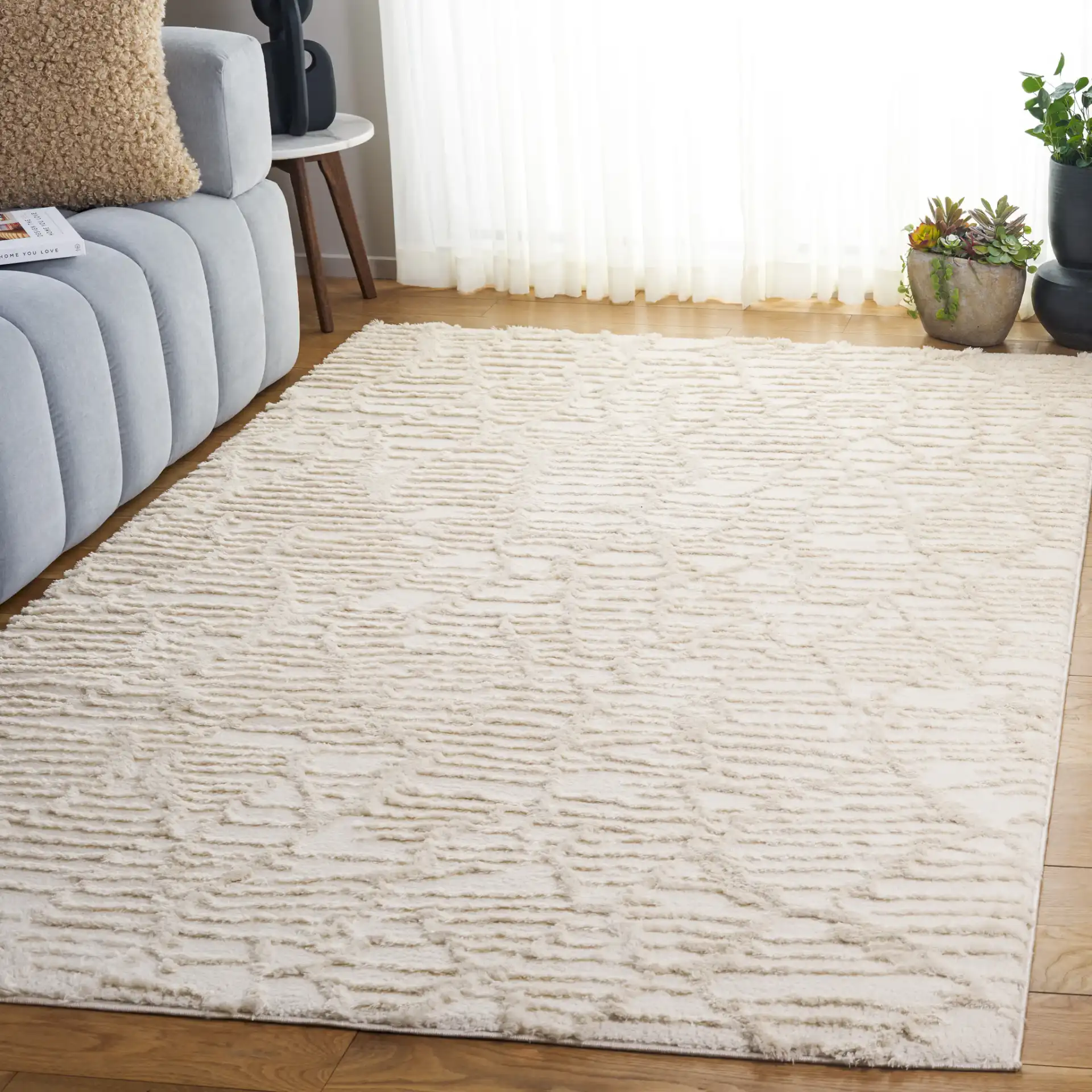 Seattle Shag Ribbed Diamond Rug in Ivory in a styled room