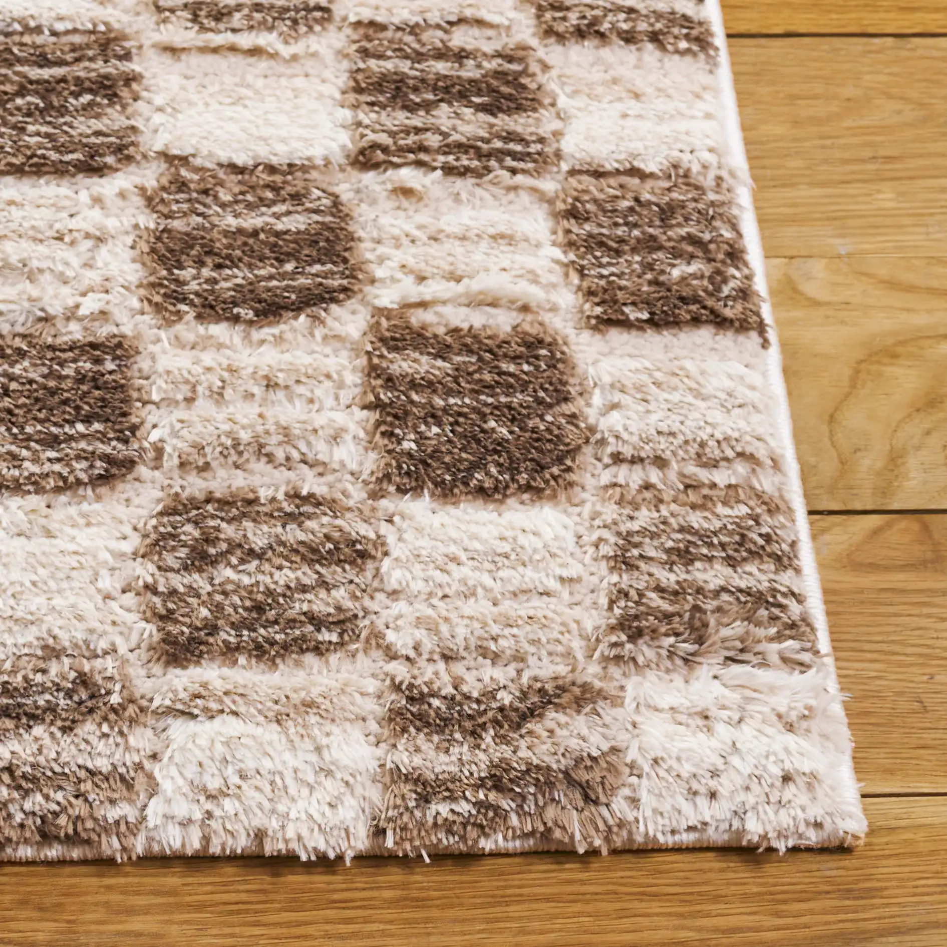 Seattle Checkered Shag Rug in Ivory / Brown in a styled room