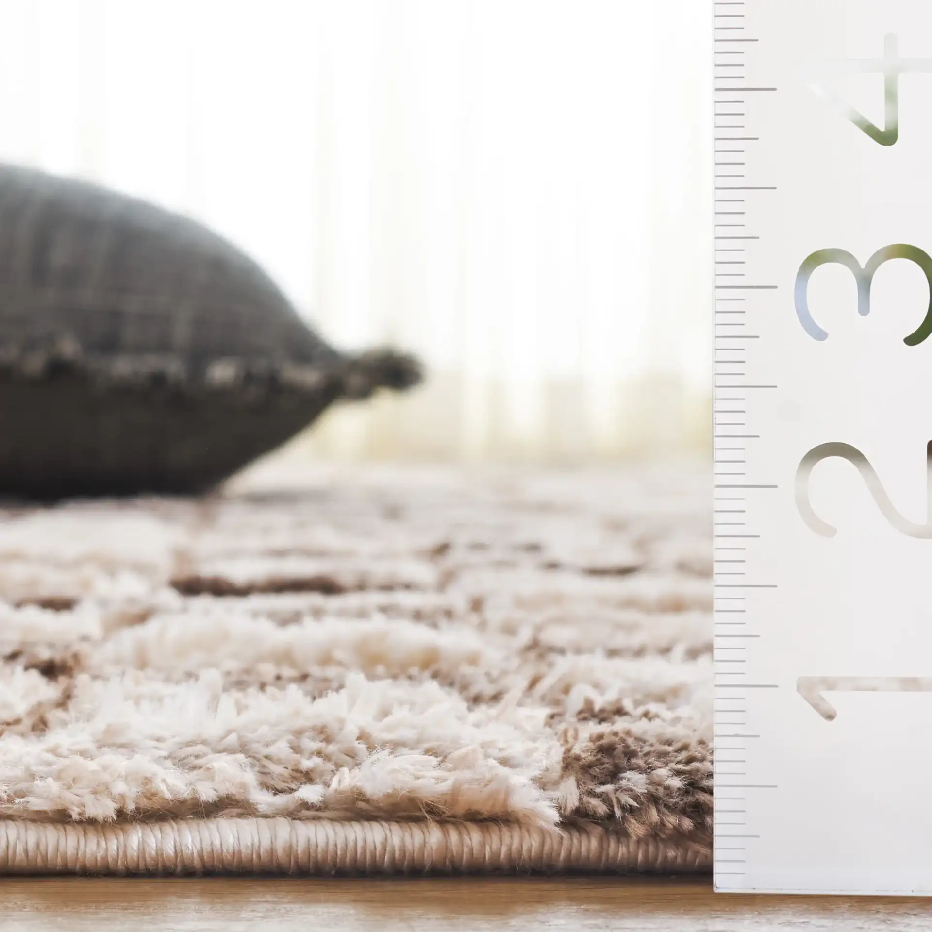 Seattle Checkered Shag Rug in Ivory / Brown in a styled room