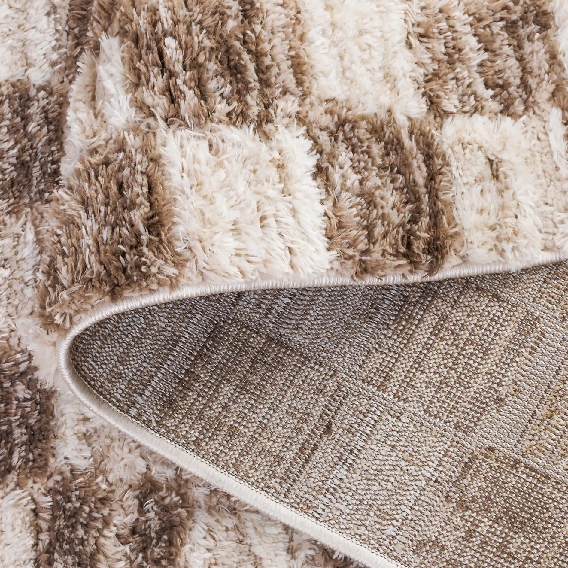 Seattle Checkered Shag Rug in Ivory / Brown in a styled room