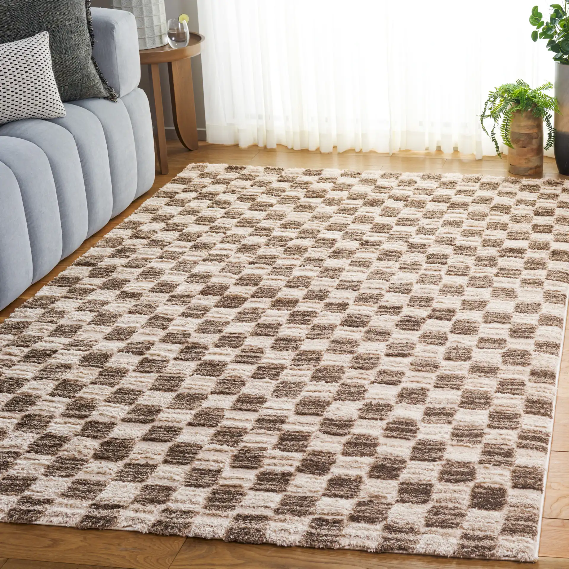 Seattle Checkered Shag Rug in Ivory / Brown in a styled room