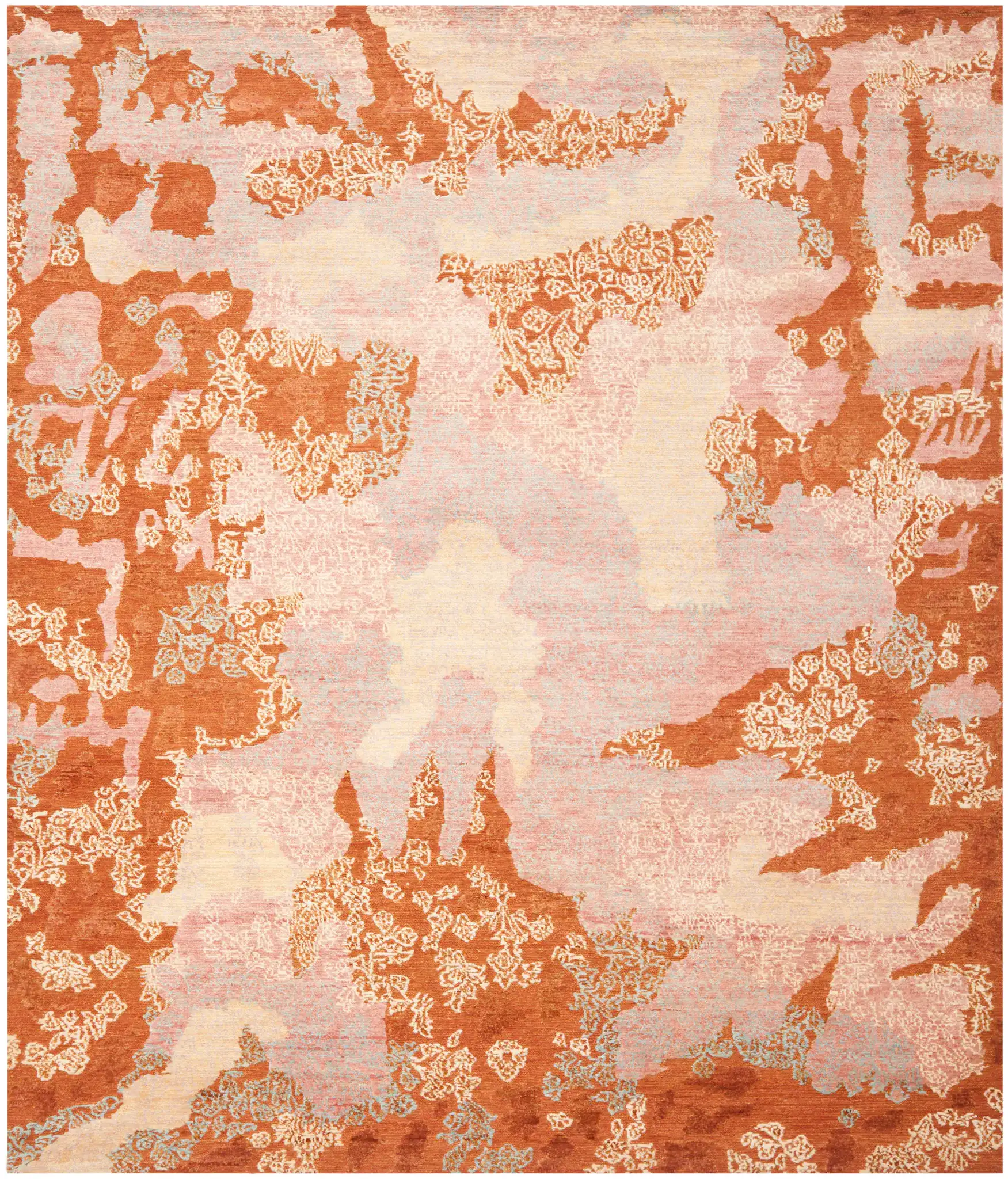 Santa Fe Eroded Floral Hand-Knotted Wool Rug in Rust / Multicolor, detail view