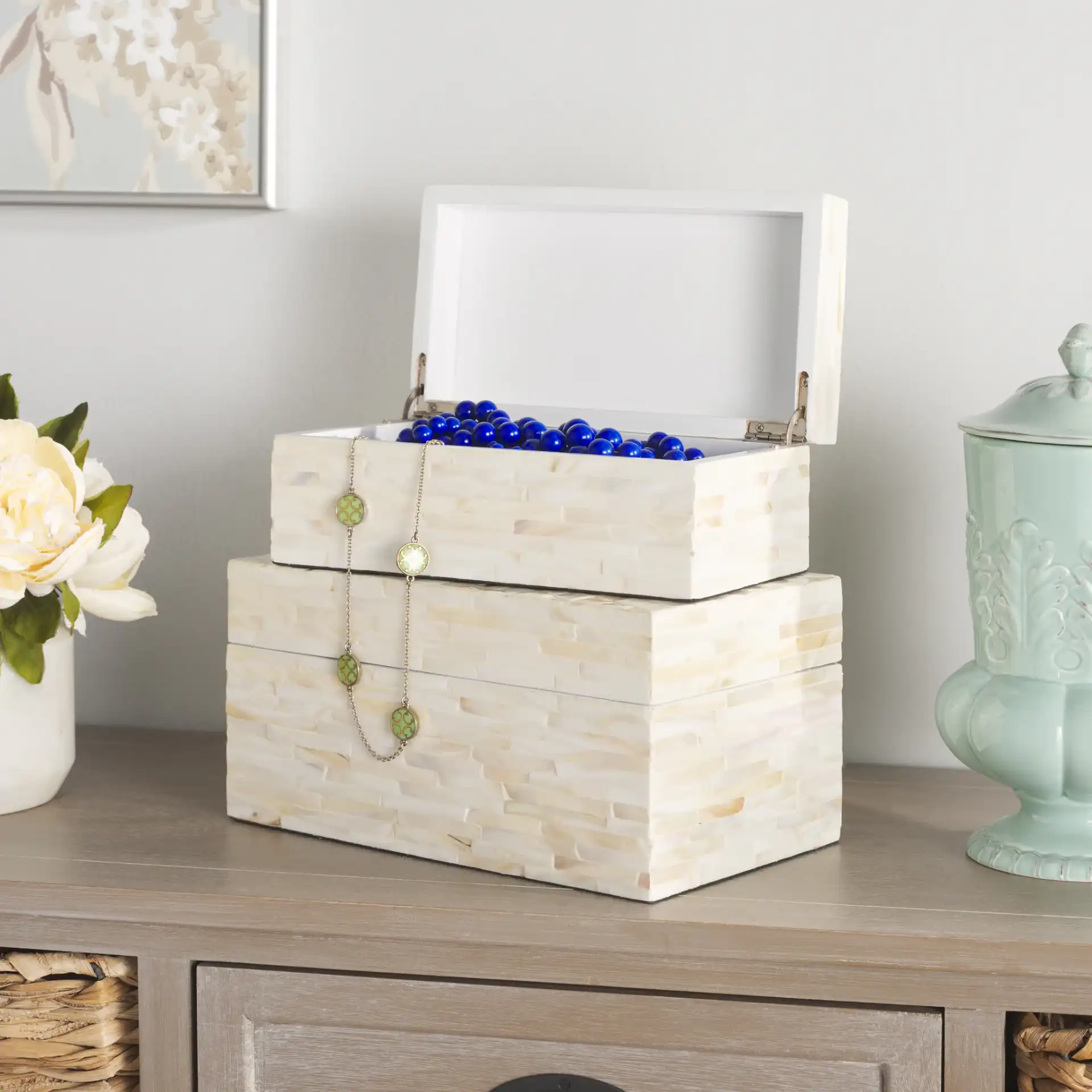 Sabryna Set Of Two Boxes in Champagne in a styled room